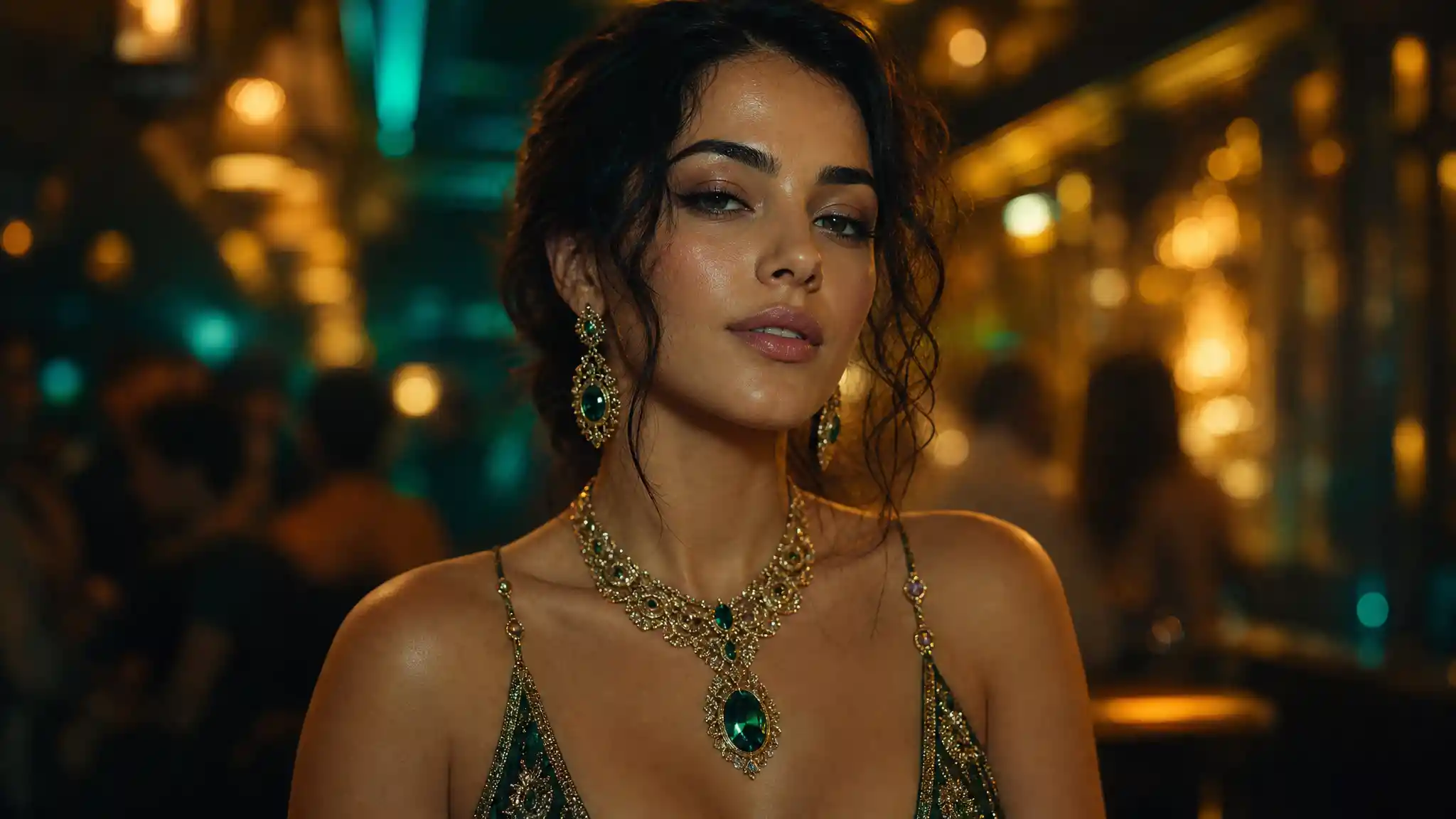 Elegant woman in gold jewelry in glowing nightclub portrait