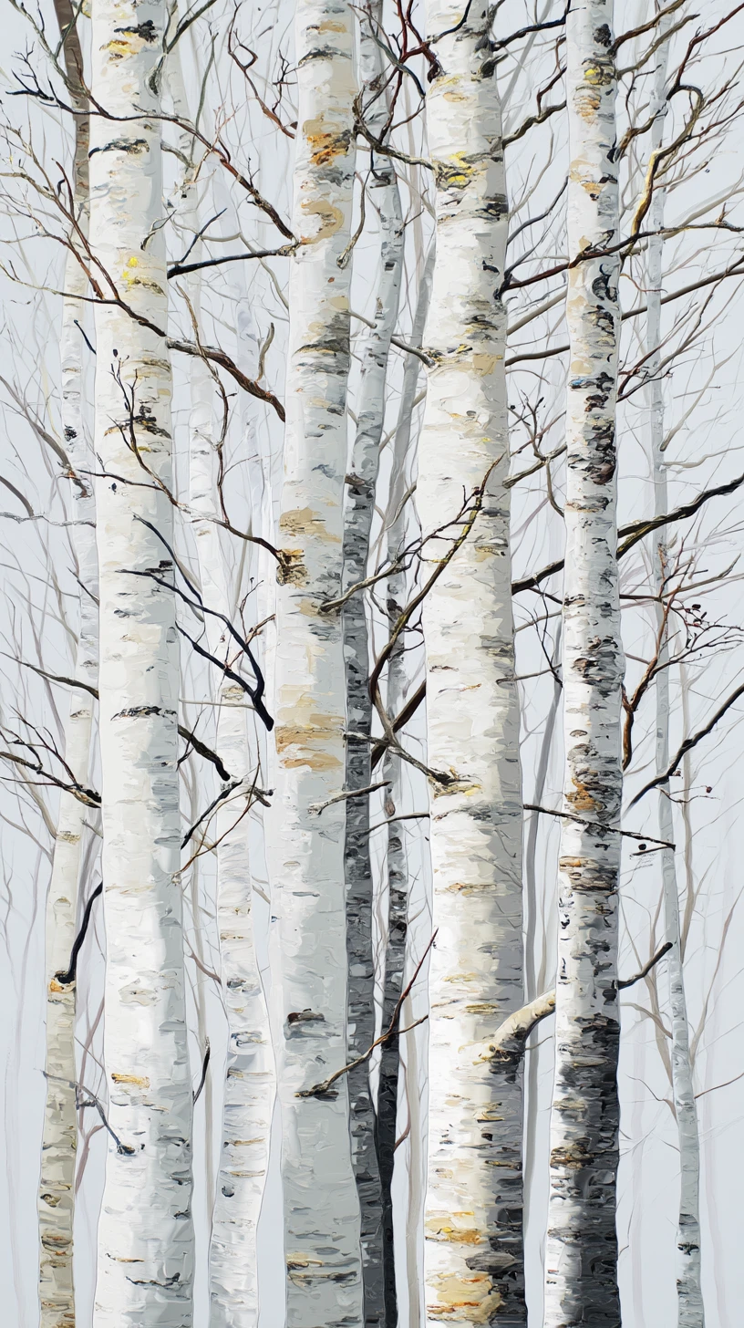 Realistic birch tree trunks in a minimalist spring forest