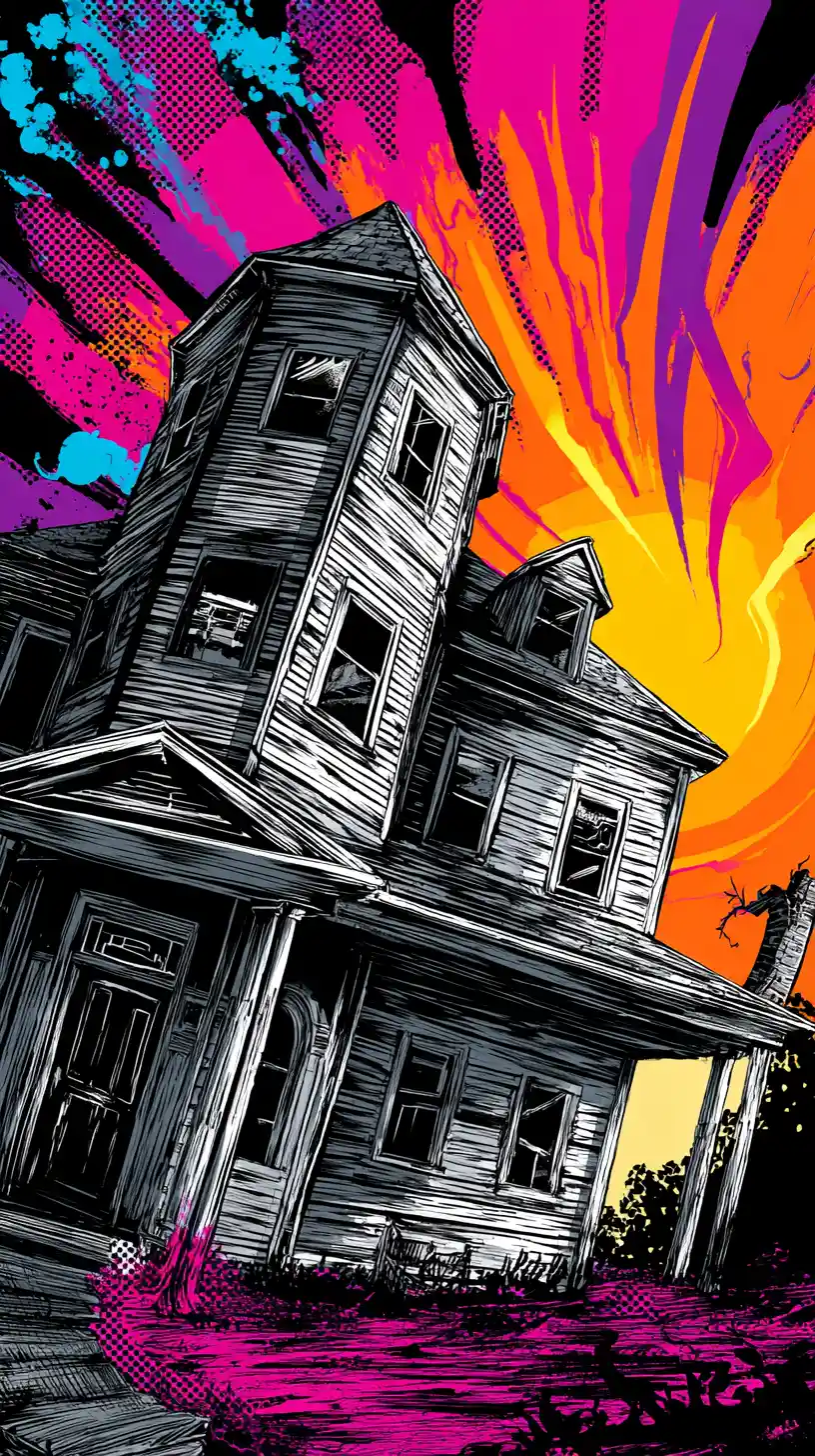 Stylized haunted house comic poster at vivid sunset