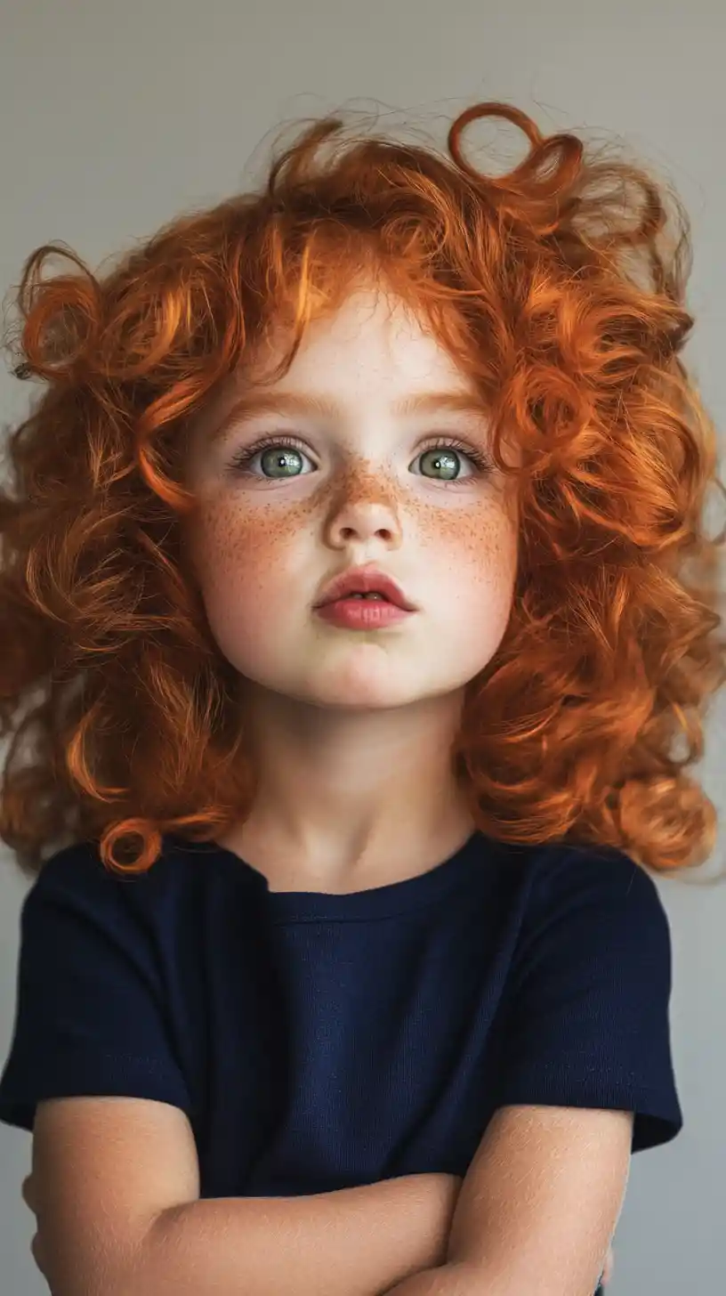 Curly red haired girl with green eyes in playful pout