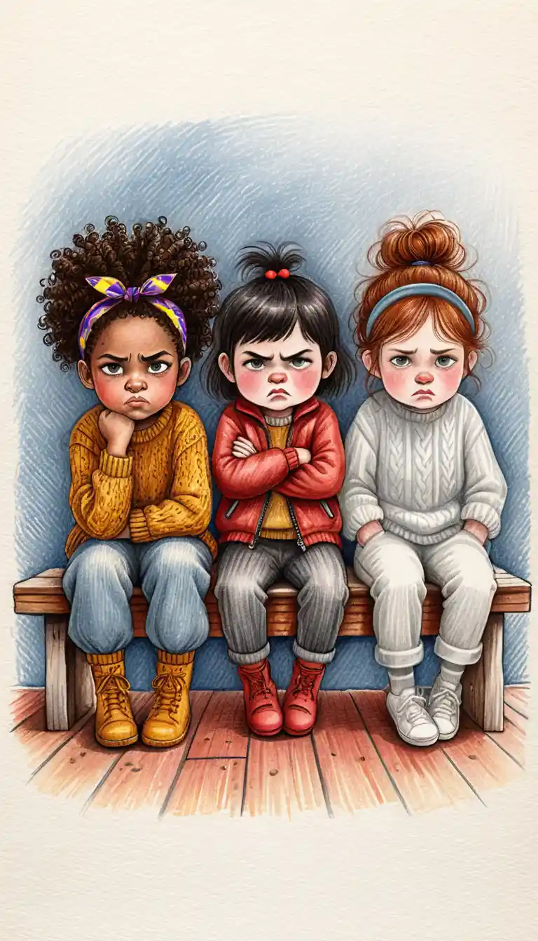Three grumpy little girls on a wooden bench illustration