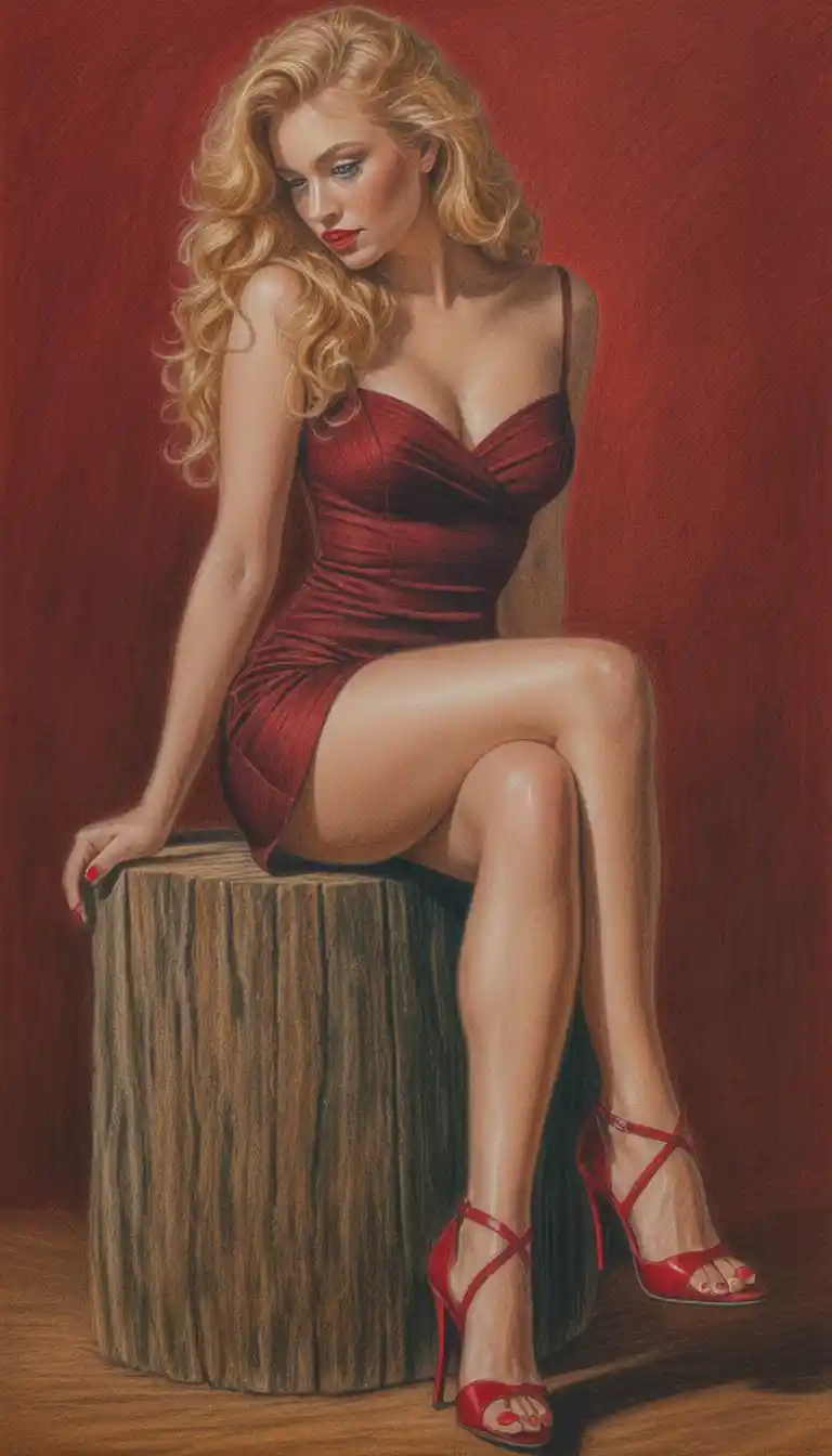Blonde woman in green dress on stump against red background