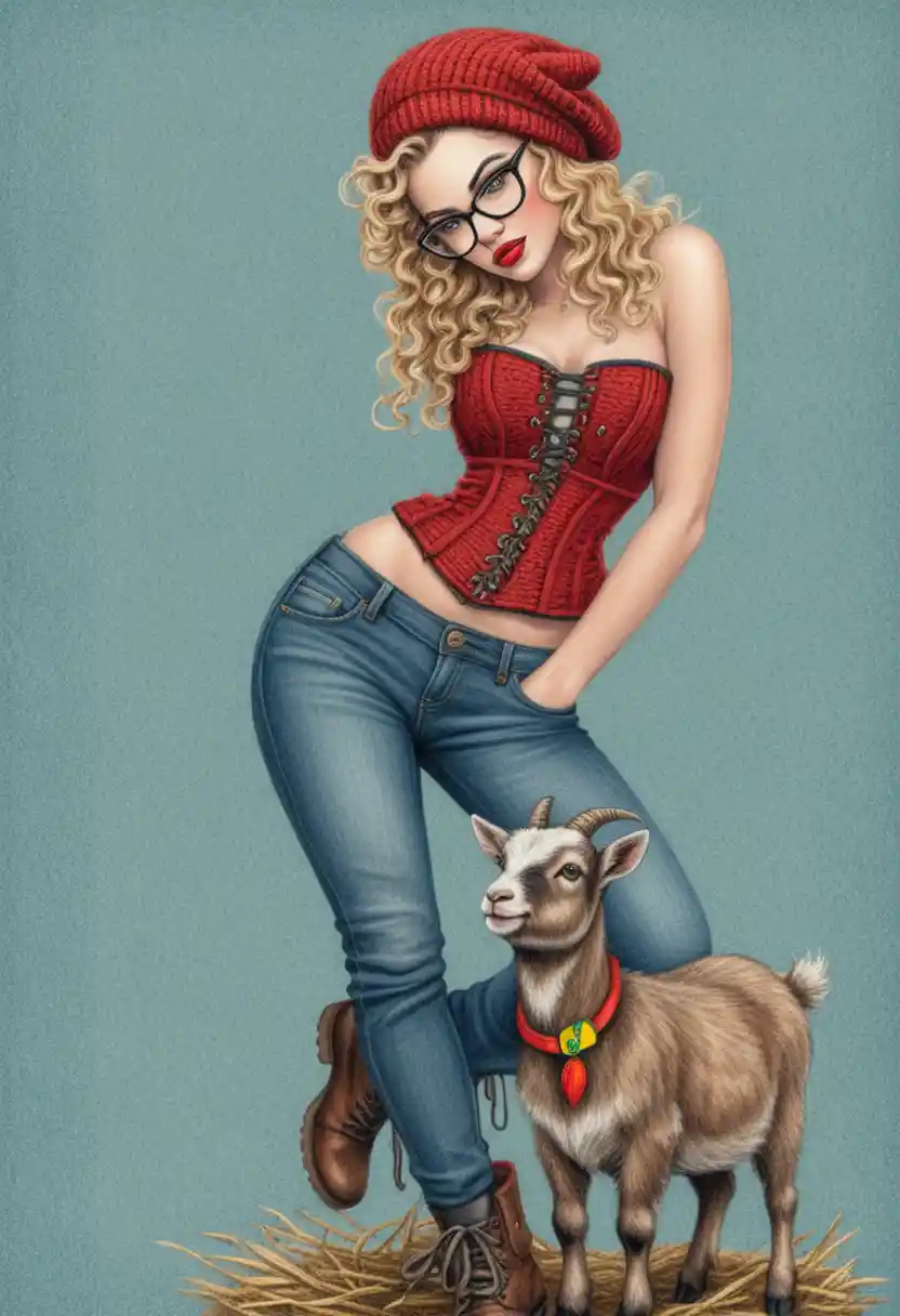 Curvy pin up woman with goat in colored pencil art