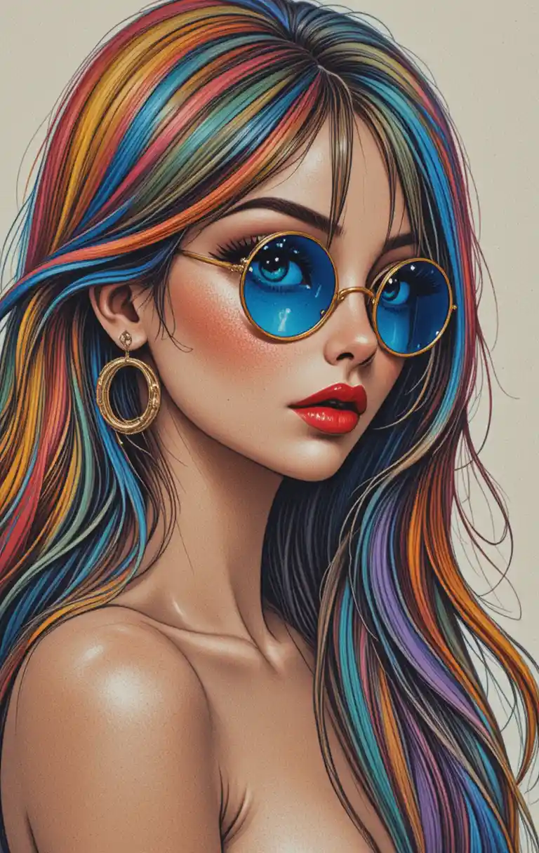 Color pencil portrait of girl with rainbow flowing hair