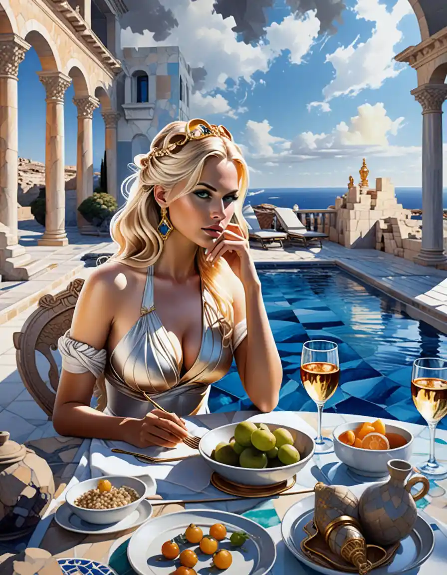 Tanned blonde woman at Mediterranean villa courtyard lunch