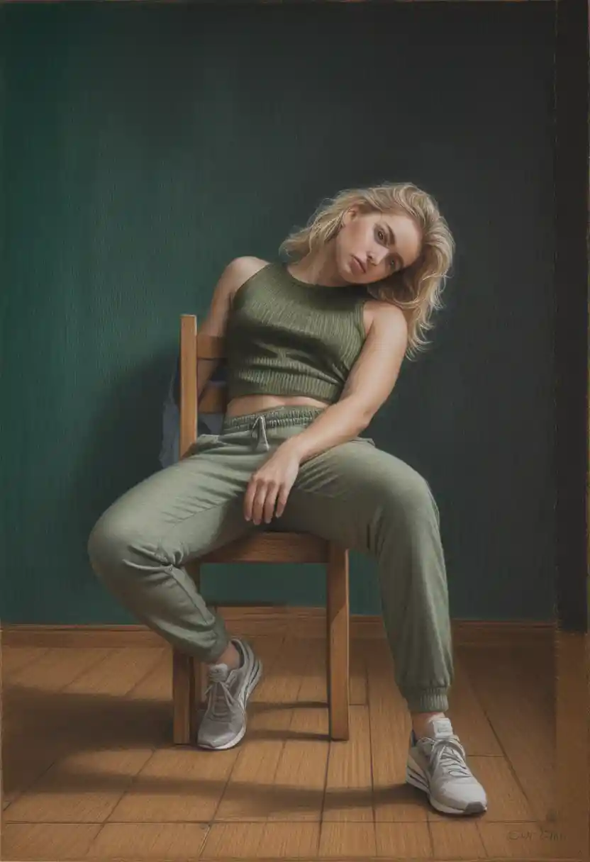 Seated blonde woman in moody spotlight colored pencil portrait