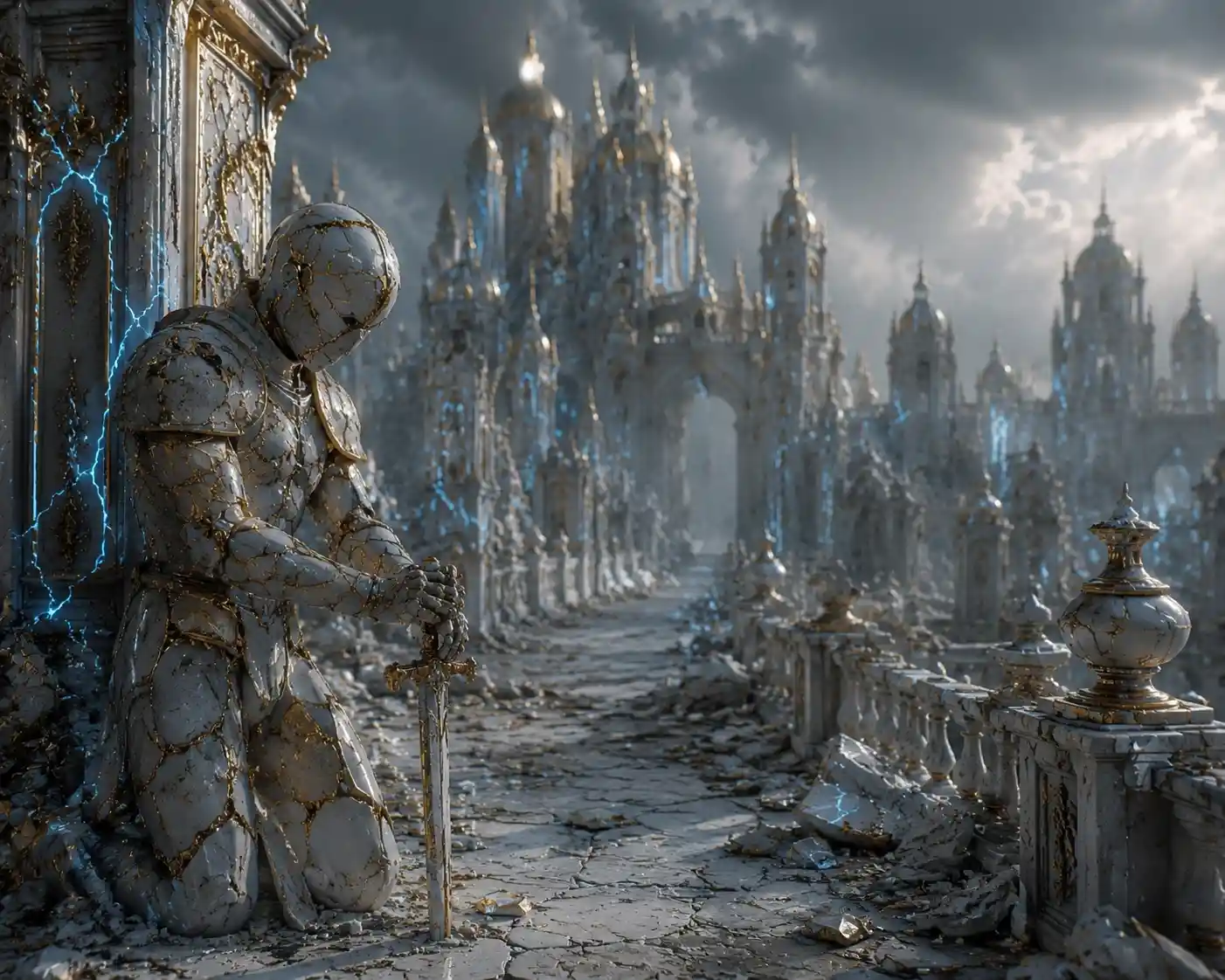 Porcelain fantasy city with cracked glowing guardian statue