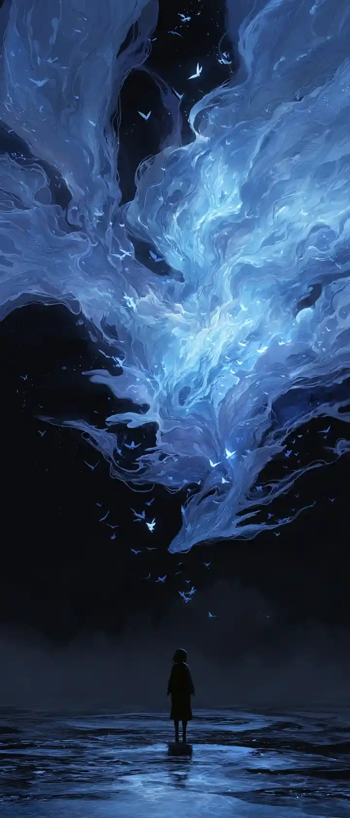 Anime guardian with vast ink river wings above people