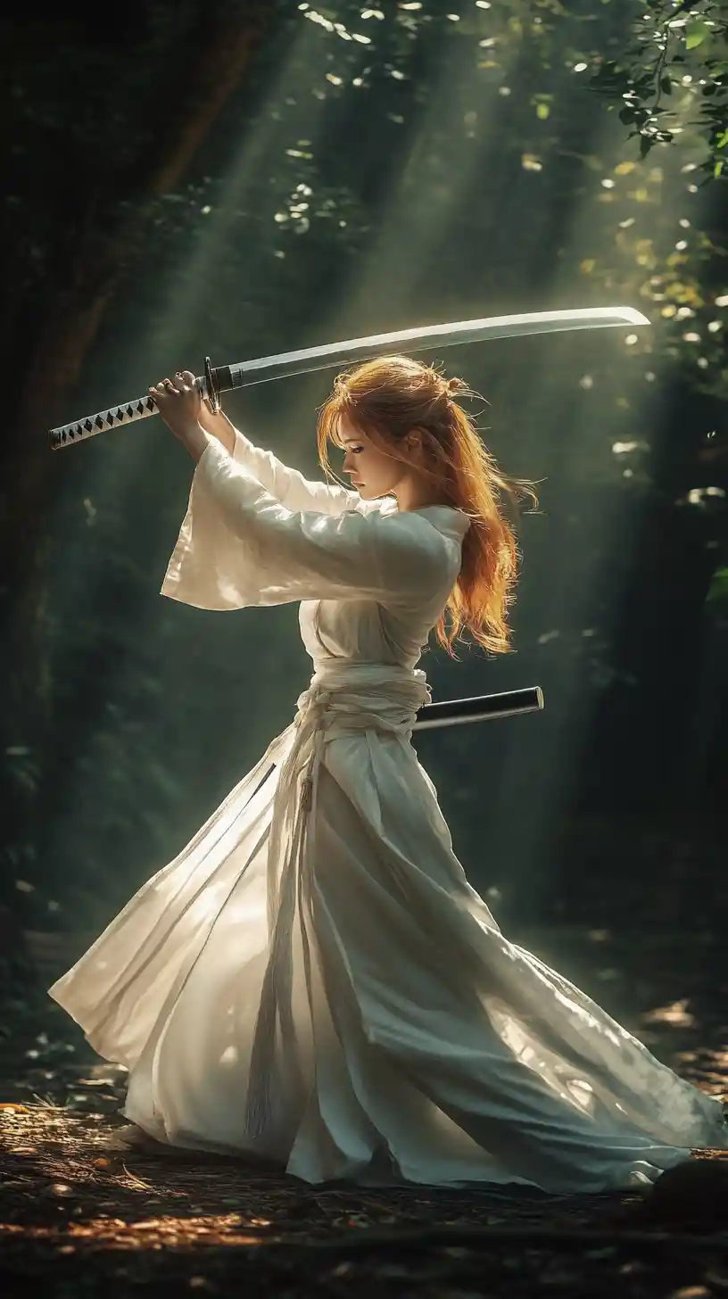 Warrior woman holding a Japanese sword in cinematic style
