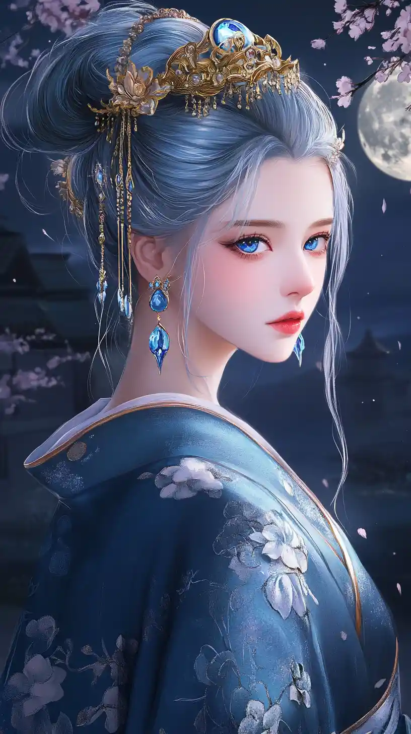 Elegant anime woman in moonlit sakura garden portrait
