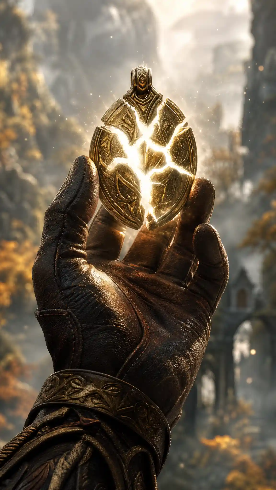 Gloved Hand Raising A Glowing Broken Amulet In Forest