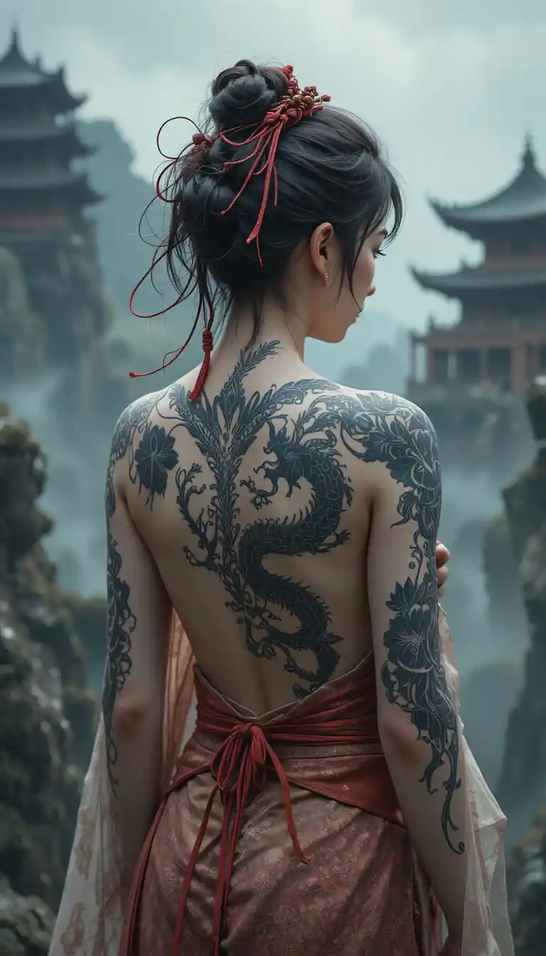 Asian woman with dragon tattoo bound before misty temple