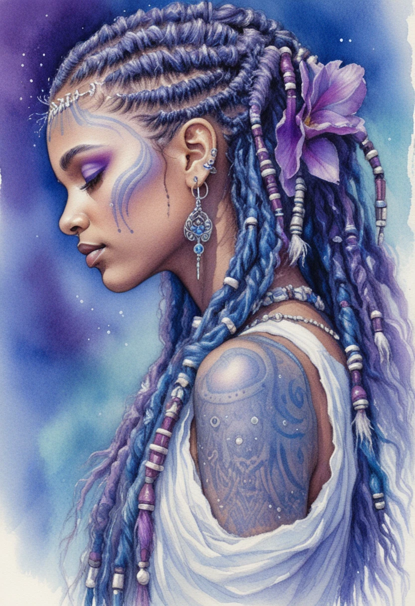 Donna serena di profilo con dreadlock blu fantasy fluttuanti