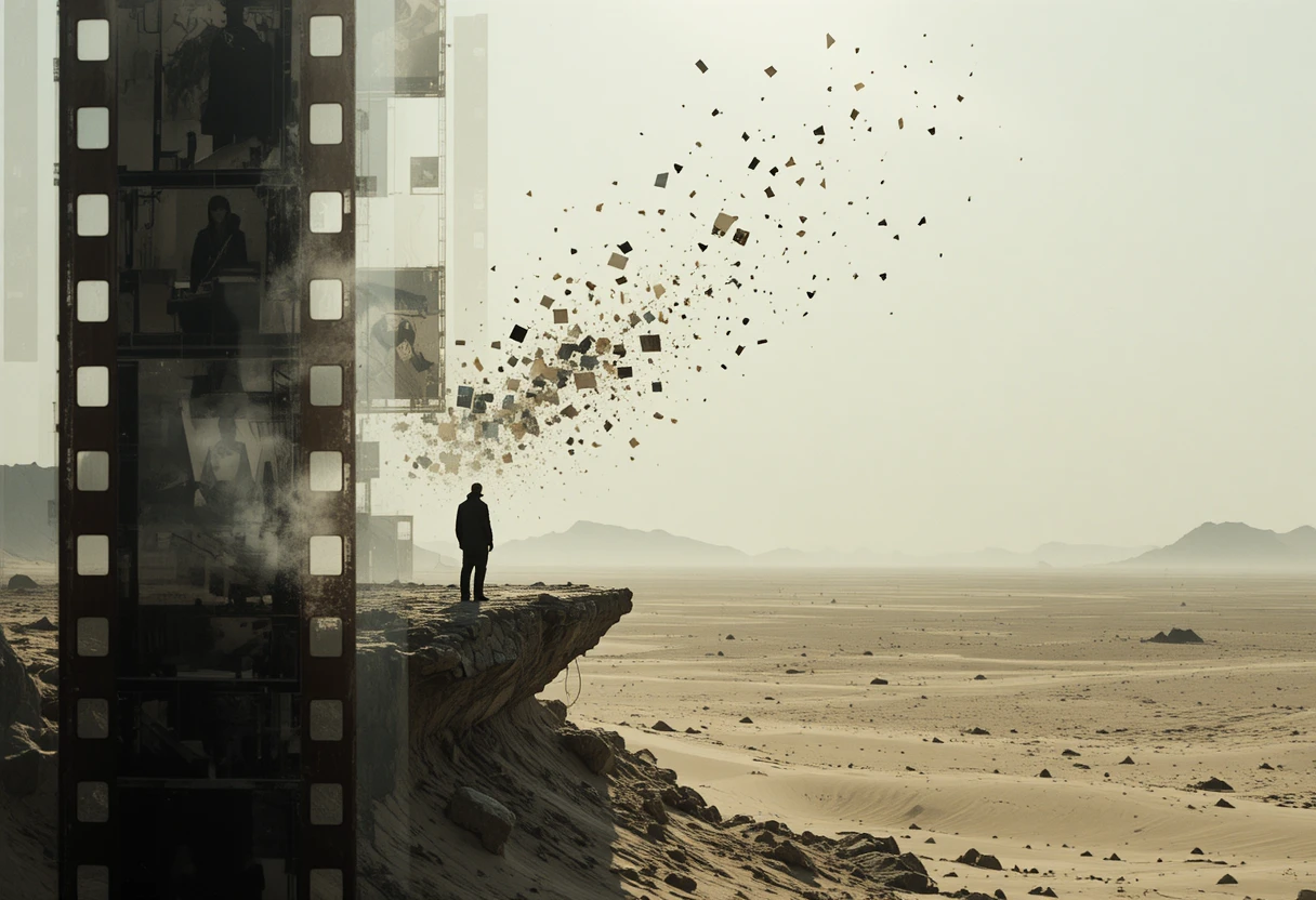 Lone figure on the edge of a vast desolate landscape
