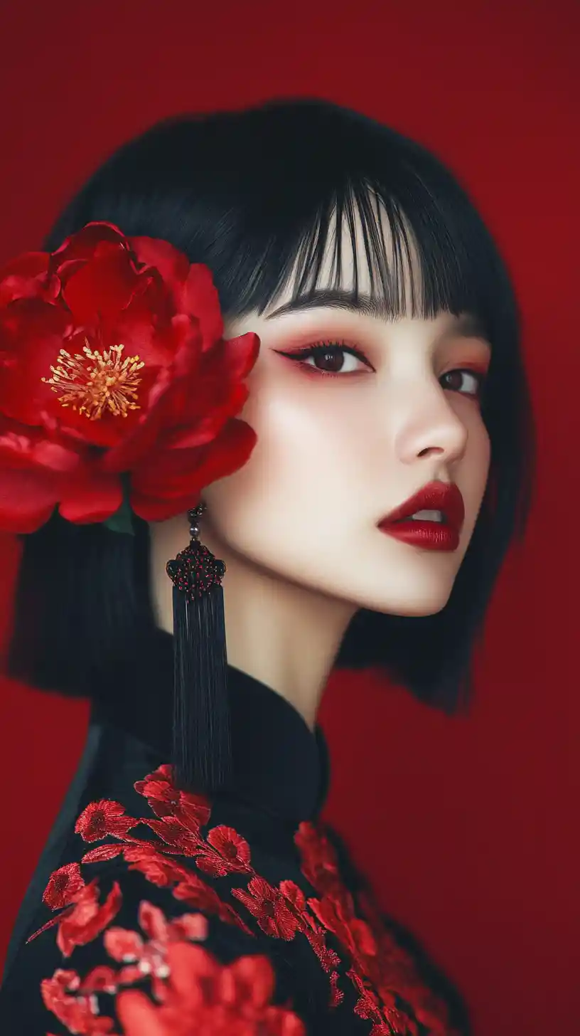 Elegant woman in black cheongsam with red peony detail