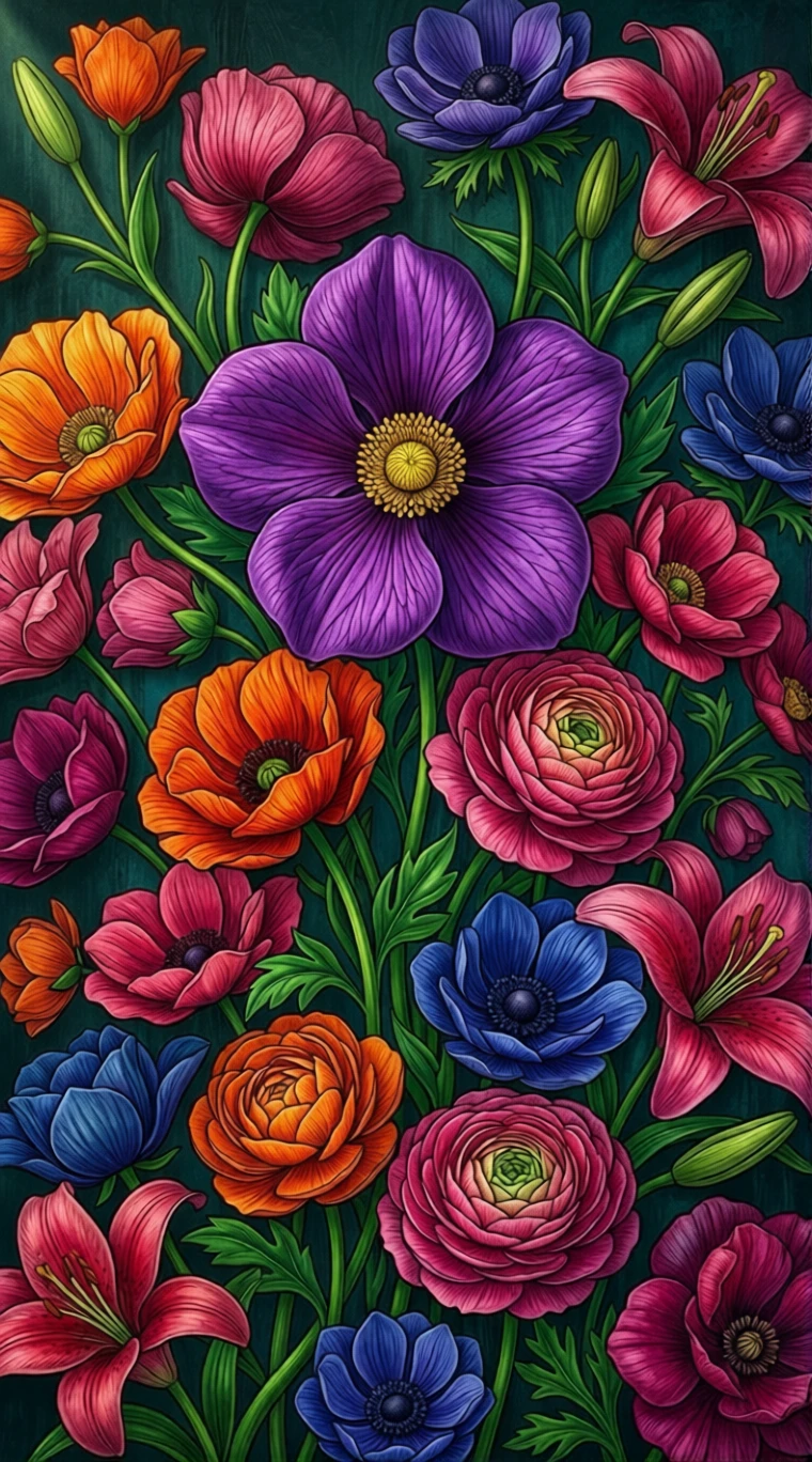 Colorful abstract flowers on a dark textured background