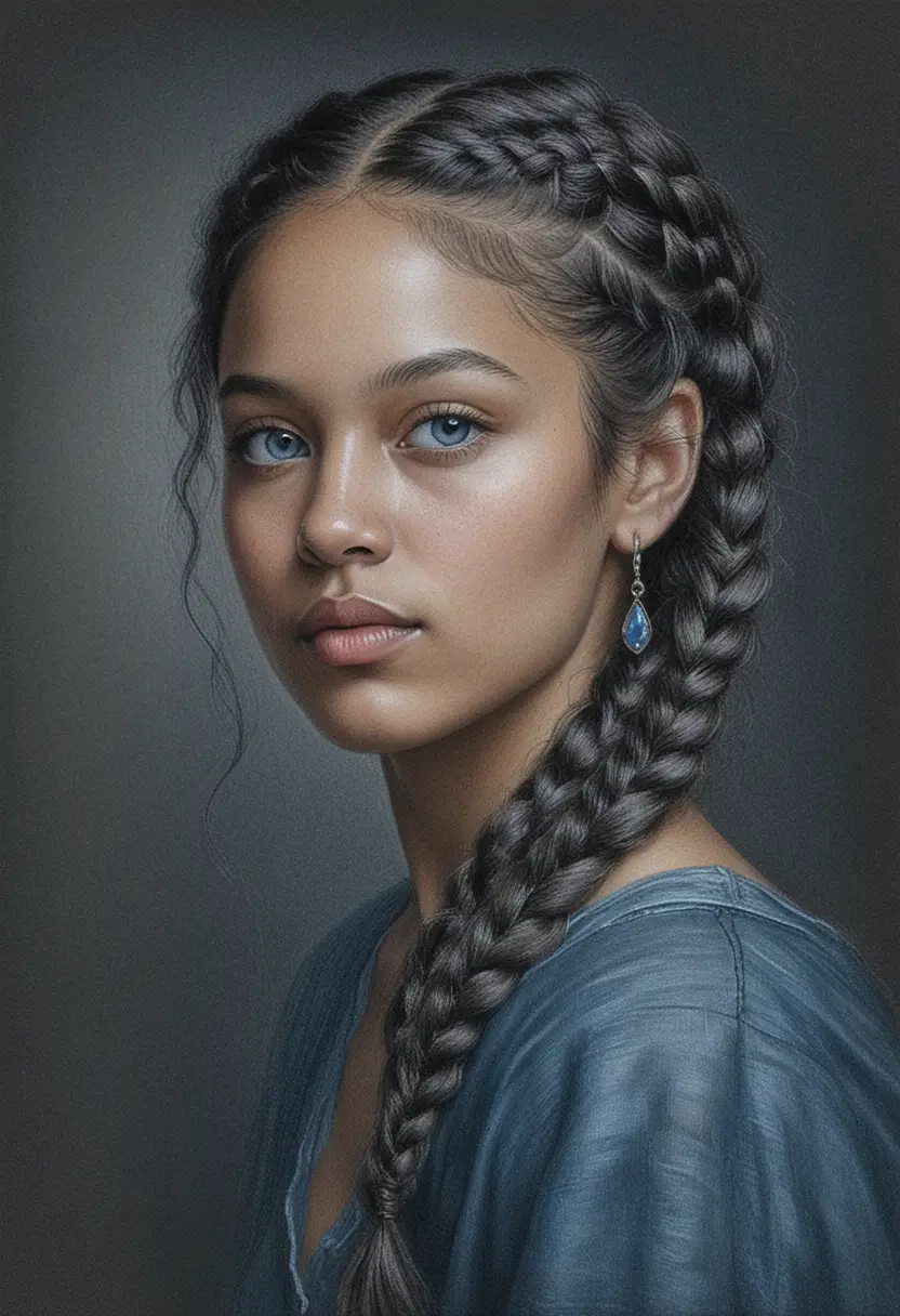 Young woman portrait with braids and dramatic chiaroscuro