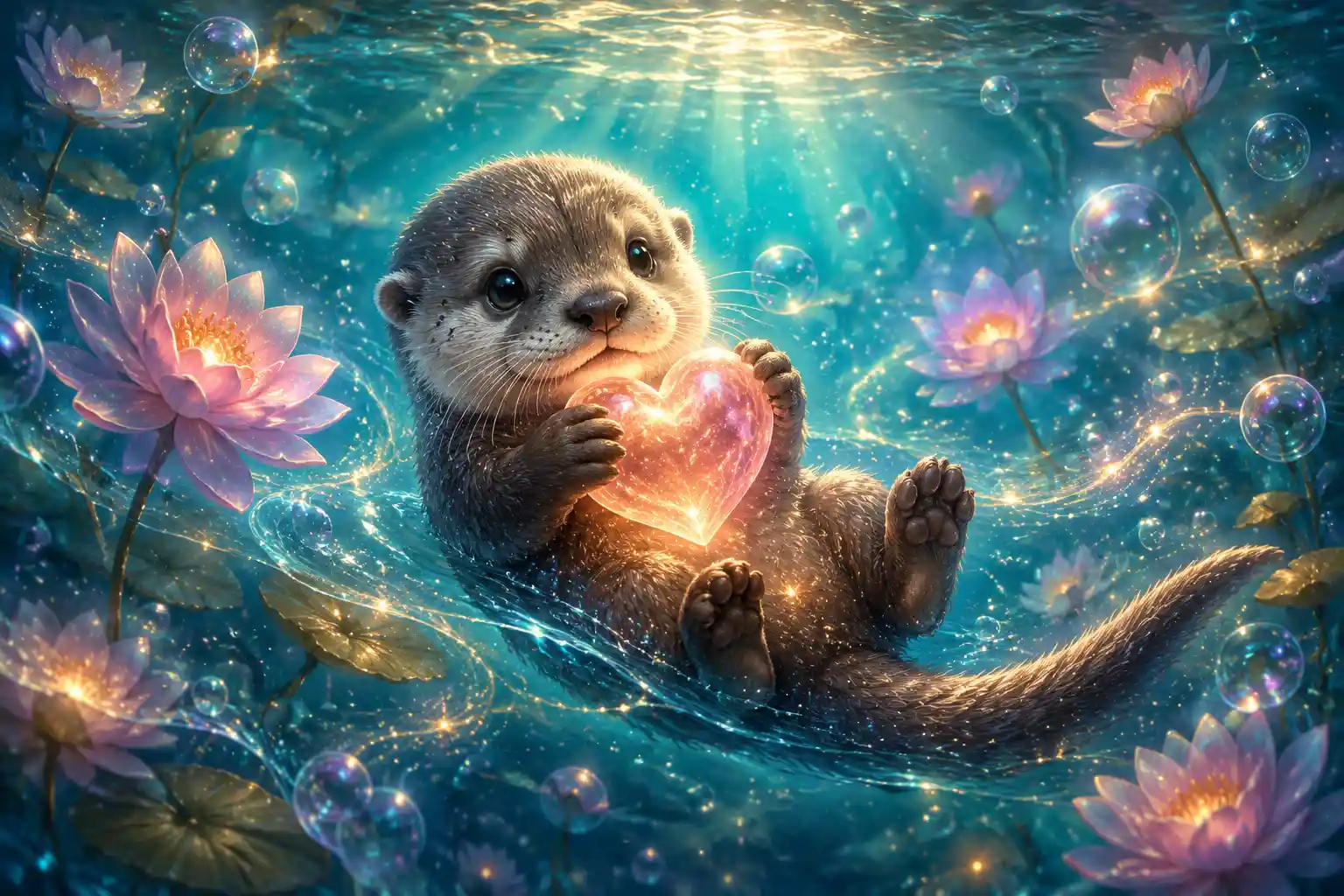 Cute baby otter holding a glowing heart underwater