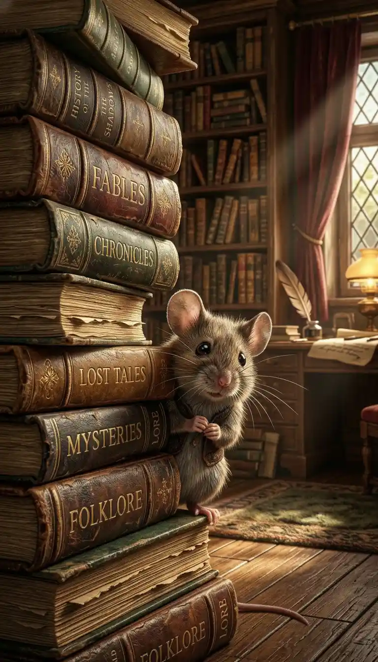 Tiny mouse hiding behind books in warm dramatic light
