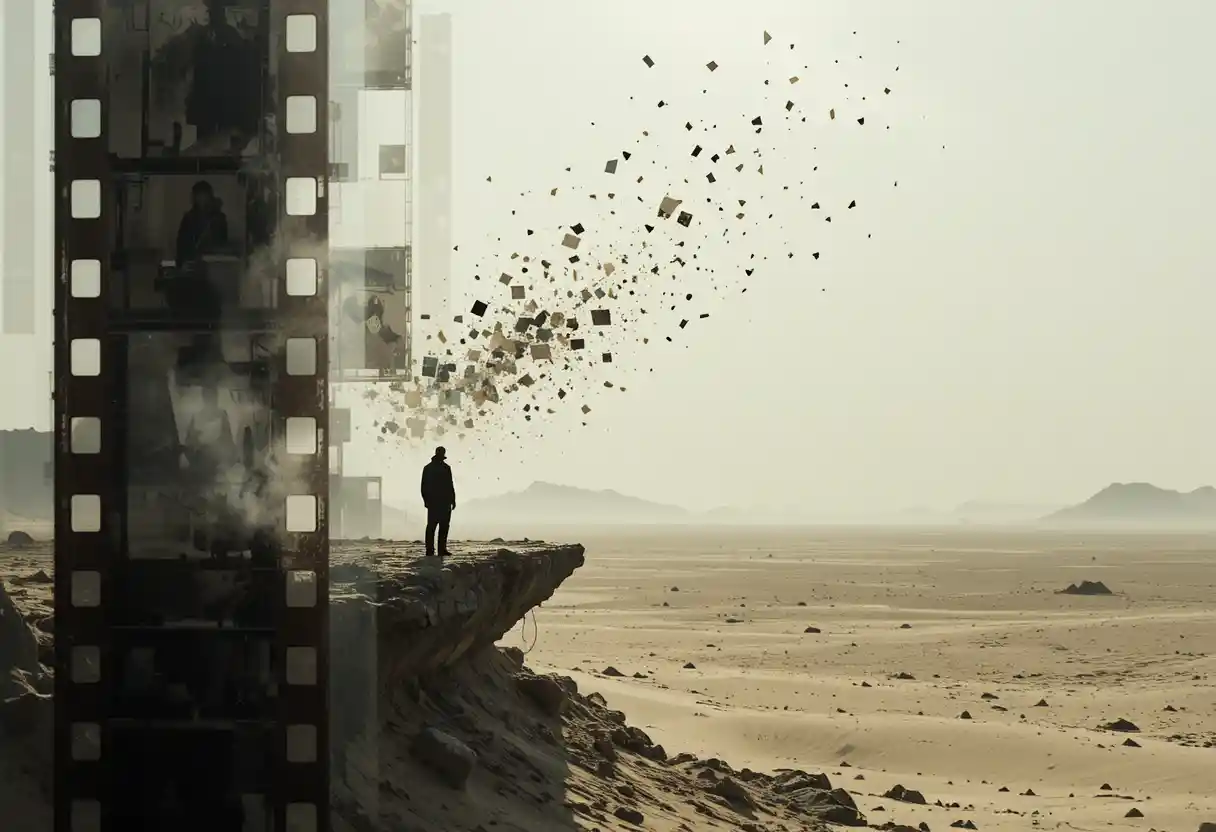 Lone figure on the edge of a vast desolate landscape