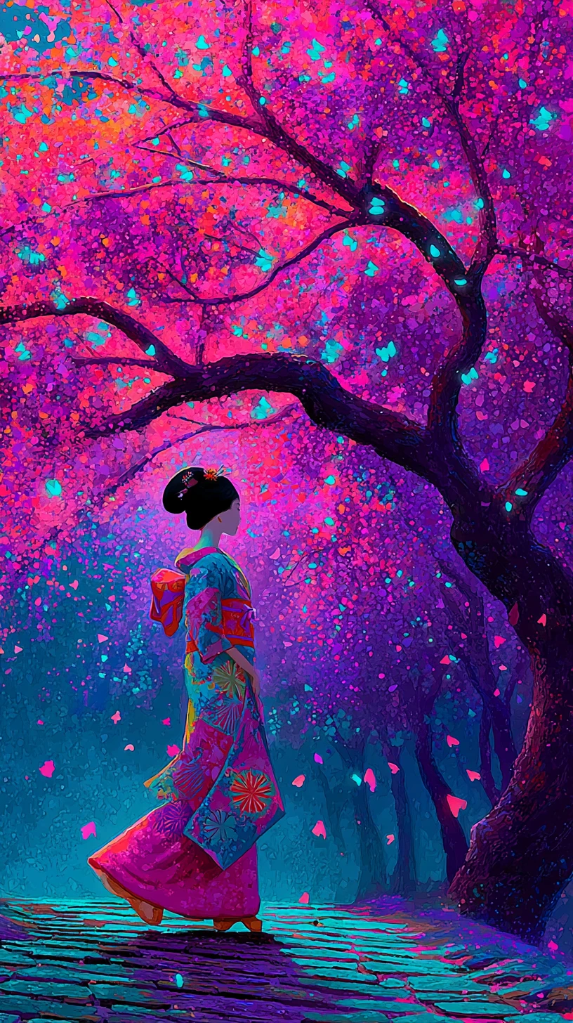 Neon geisha walking under glowing cherry blossom tree
