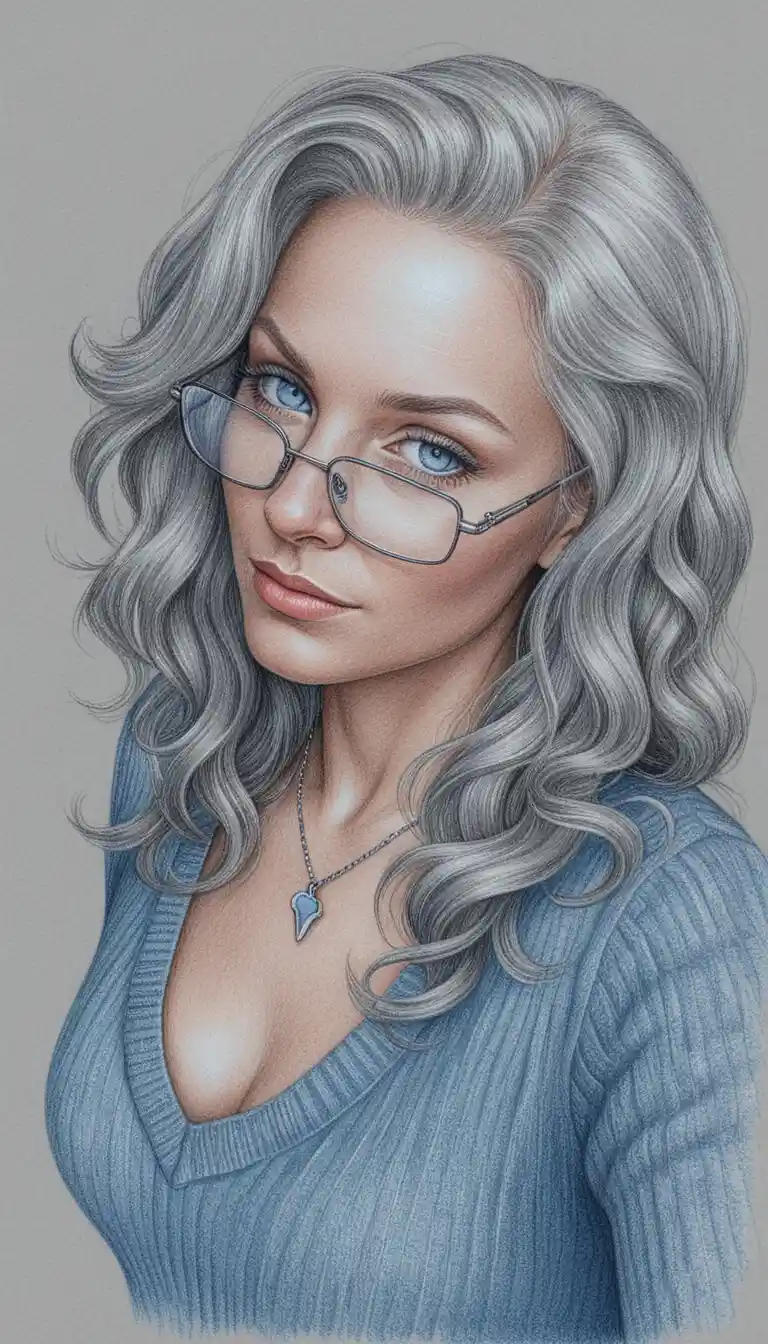 Woman with silver hair and glasses in pencil portrait