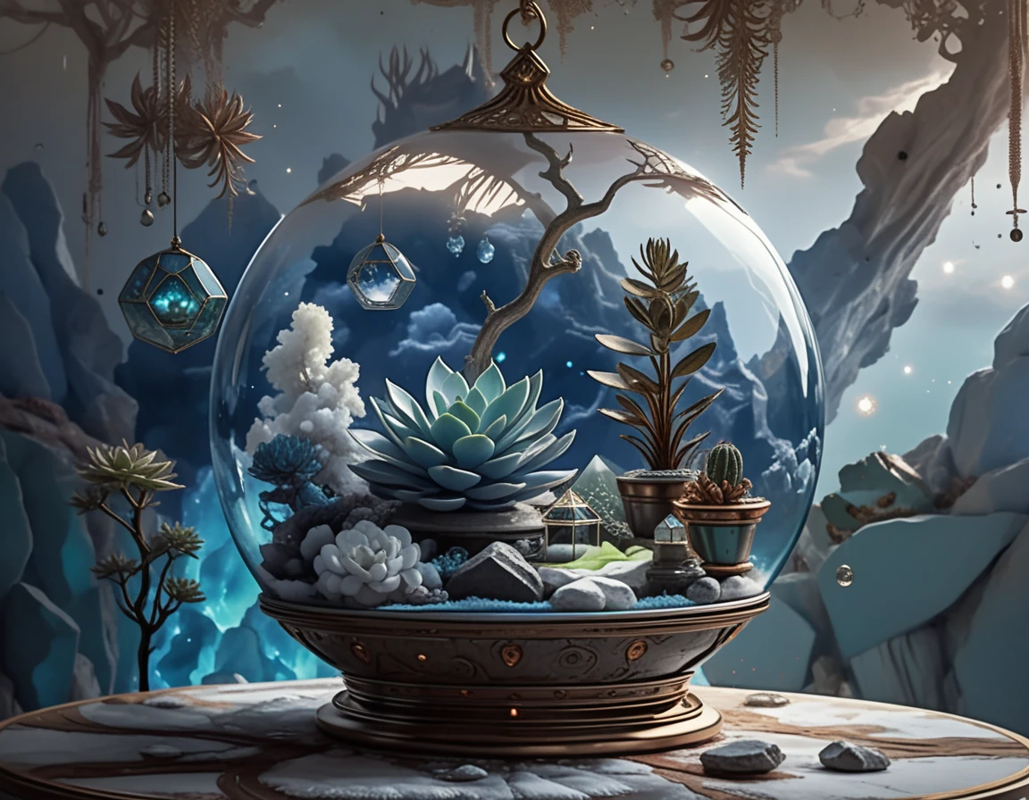 Mystical glass terrarium of succulents and gemstones