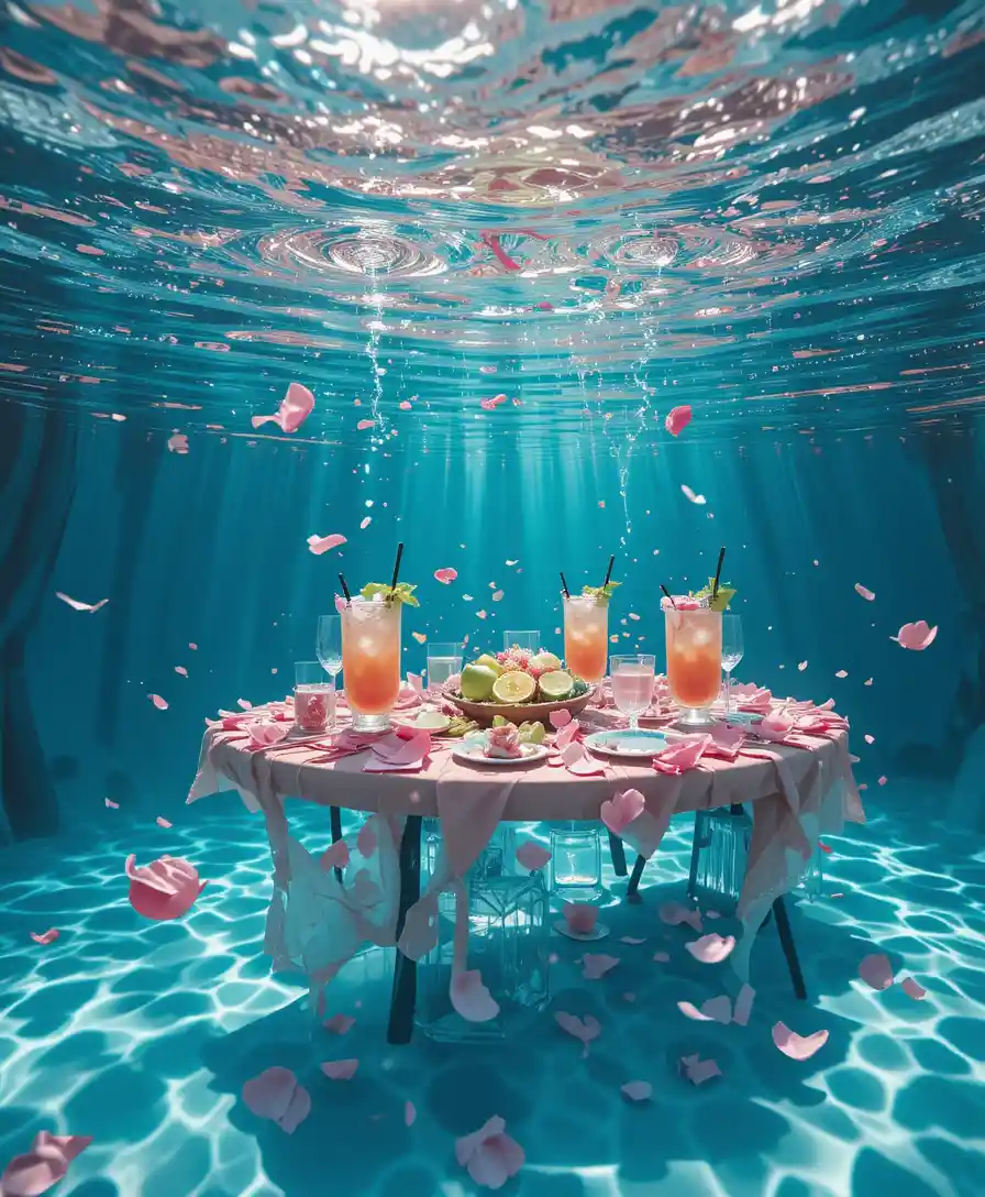 Surreal cherry blossom picnic submerged in a clear pool