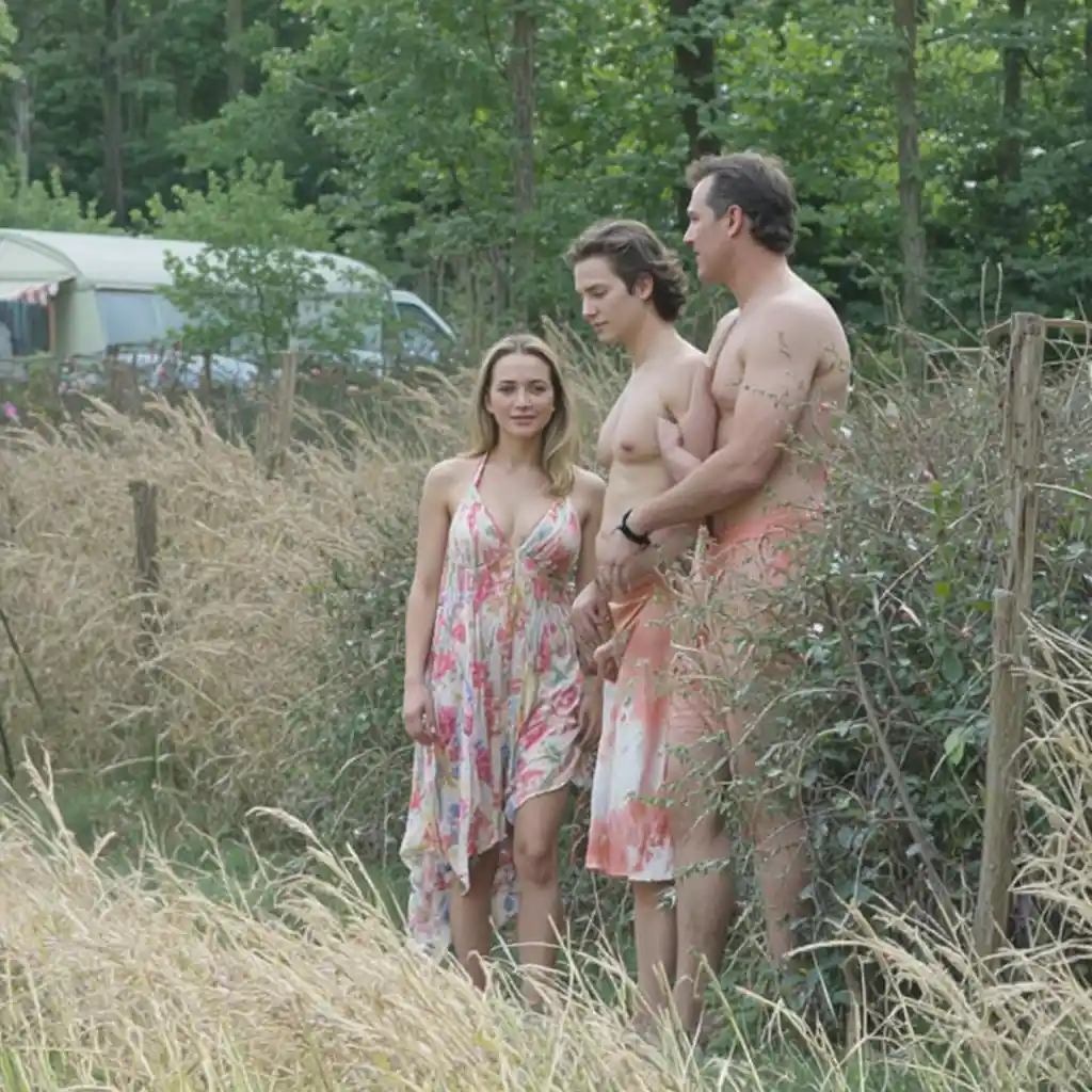 Naked couple engaged in an explicit act at a campsite