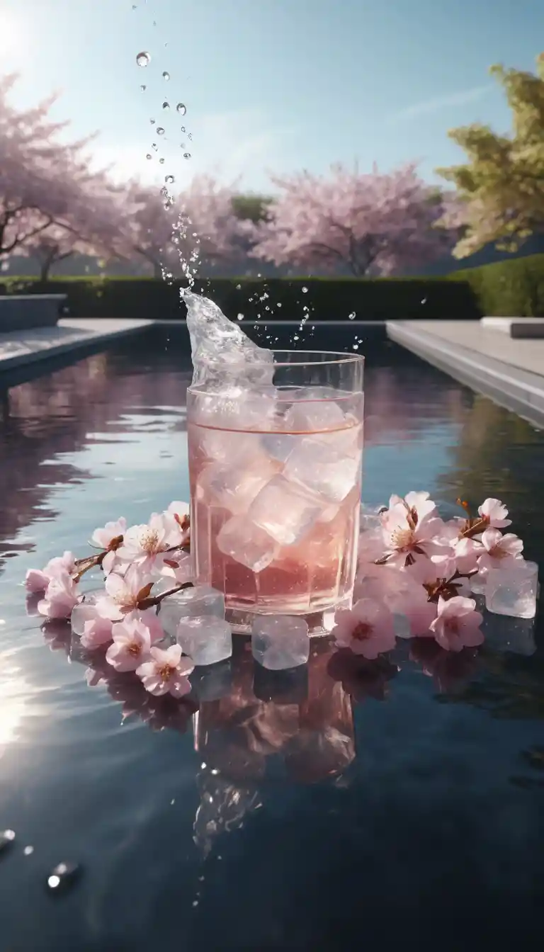 Cinematic luxury outdoor pool with sparkling ice and light