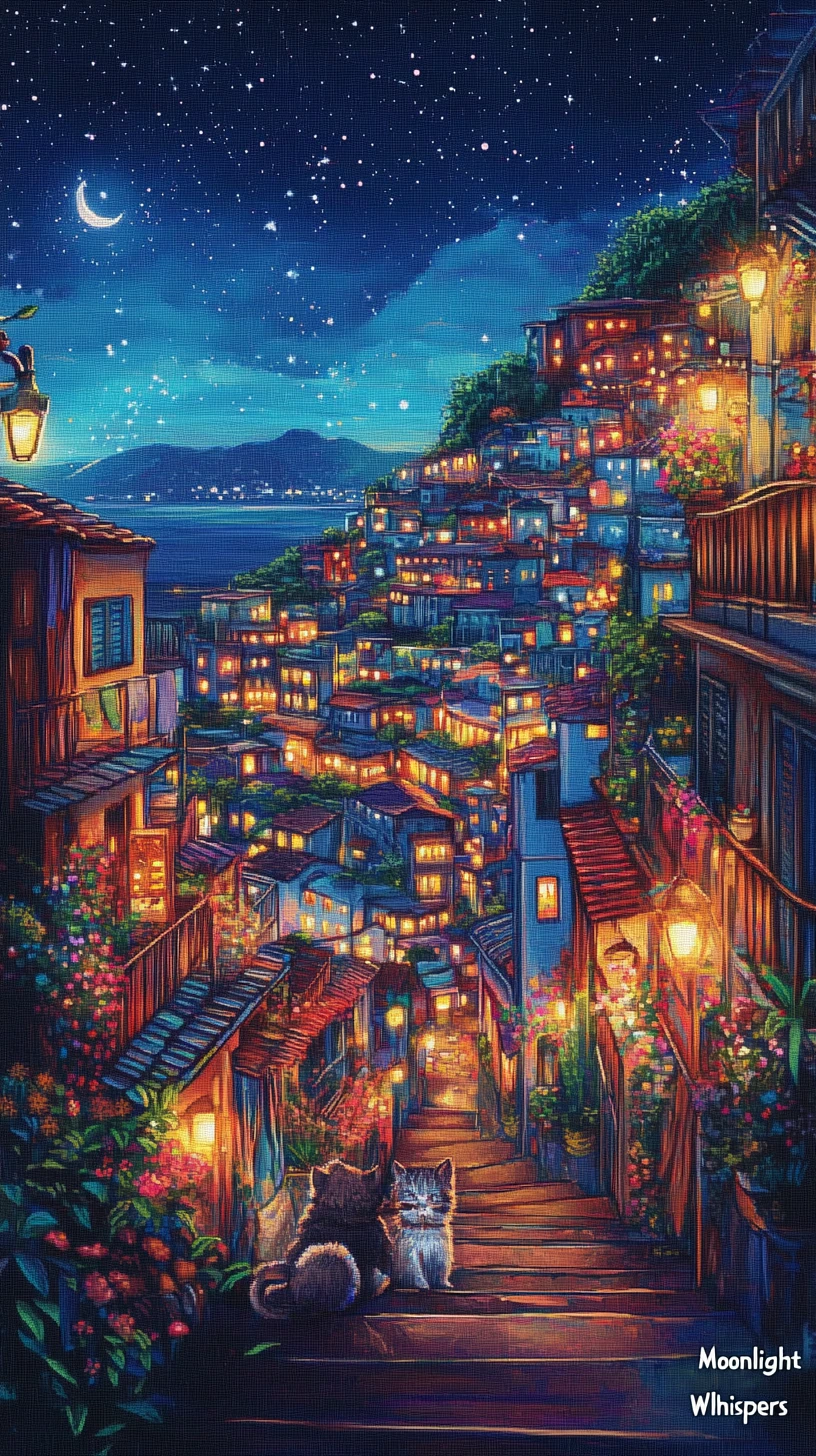 Colorful mountain town at night with cat and dog