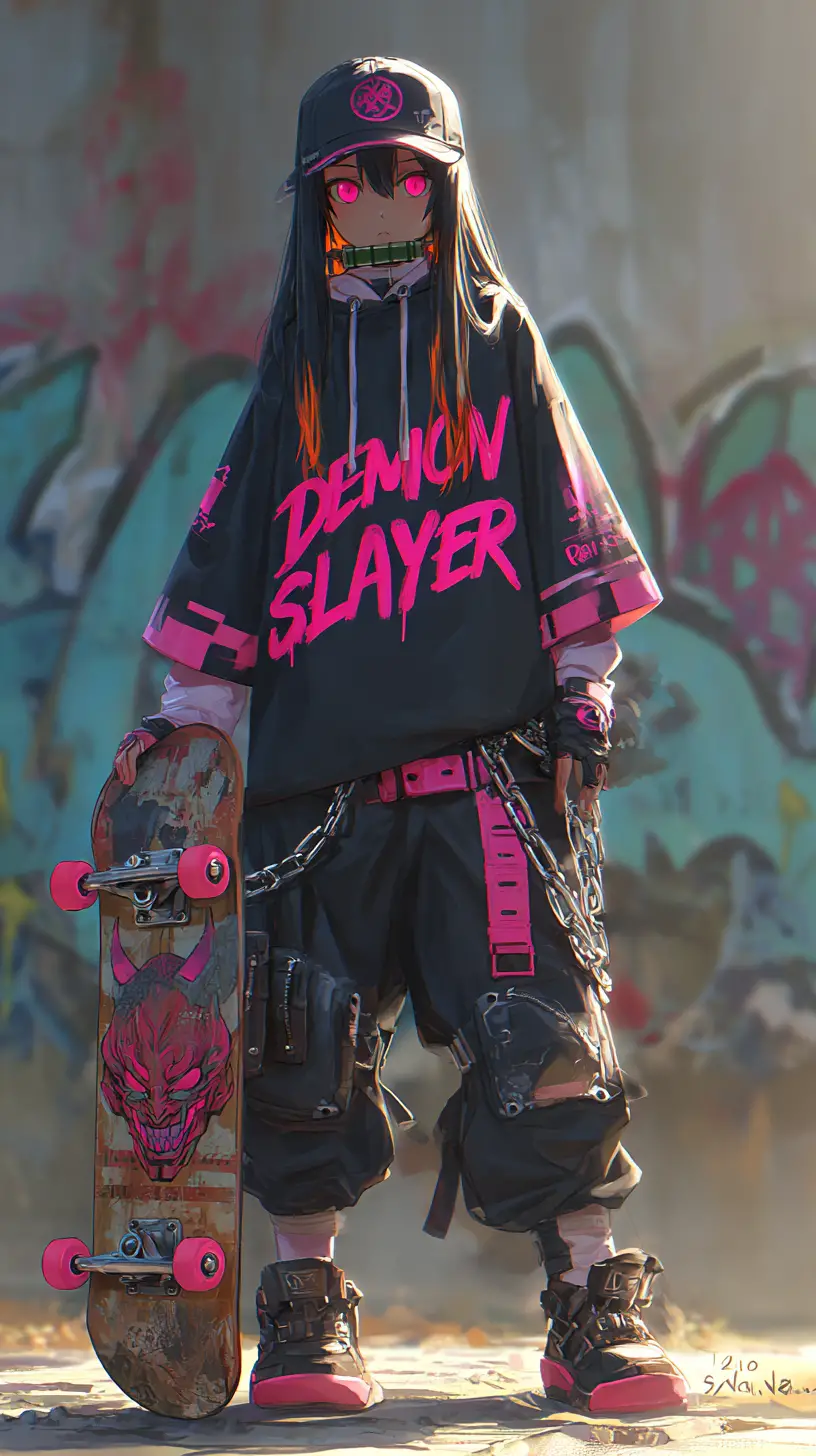 Anime streetwear girl with skateboard in urban alley