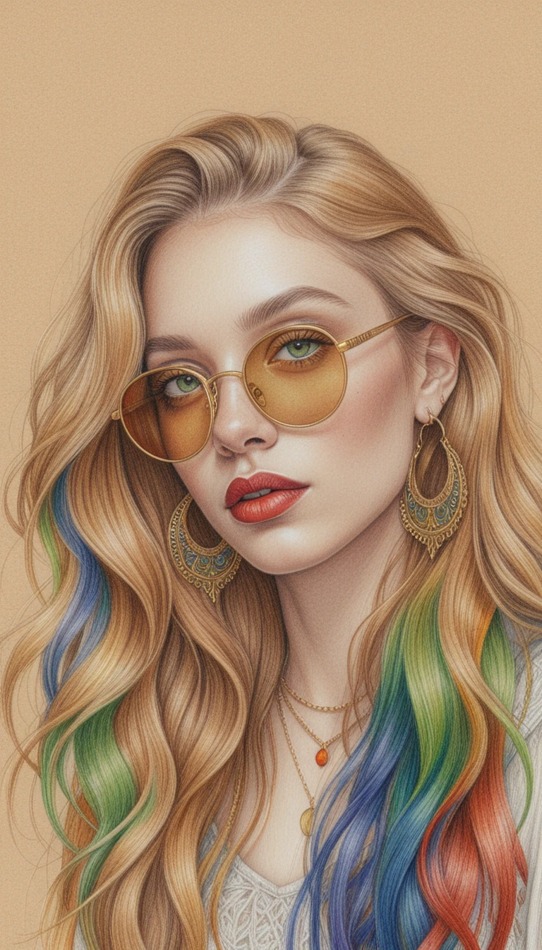 Confident girl with rainbow hair in colored pencil portrait