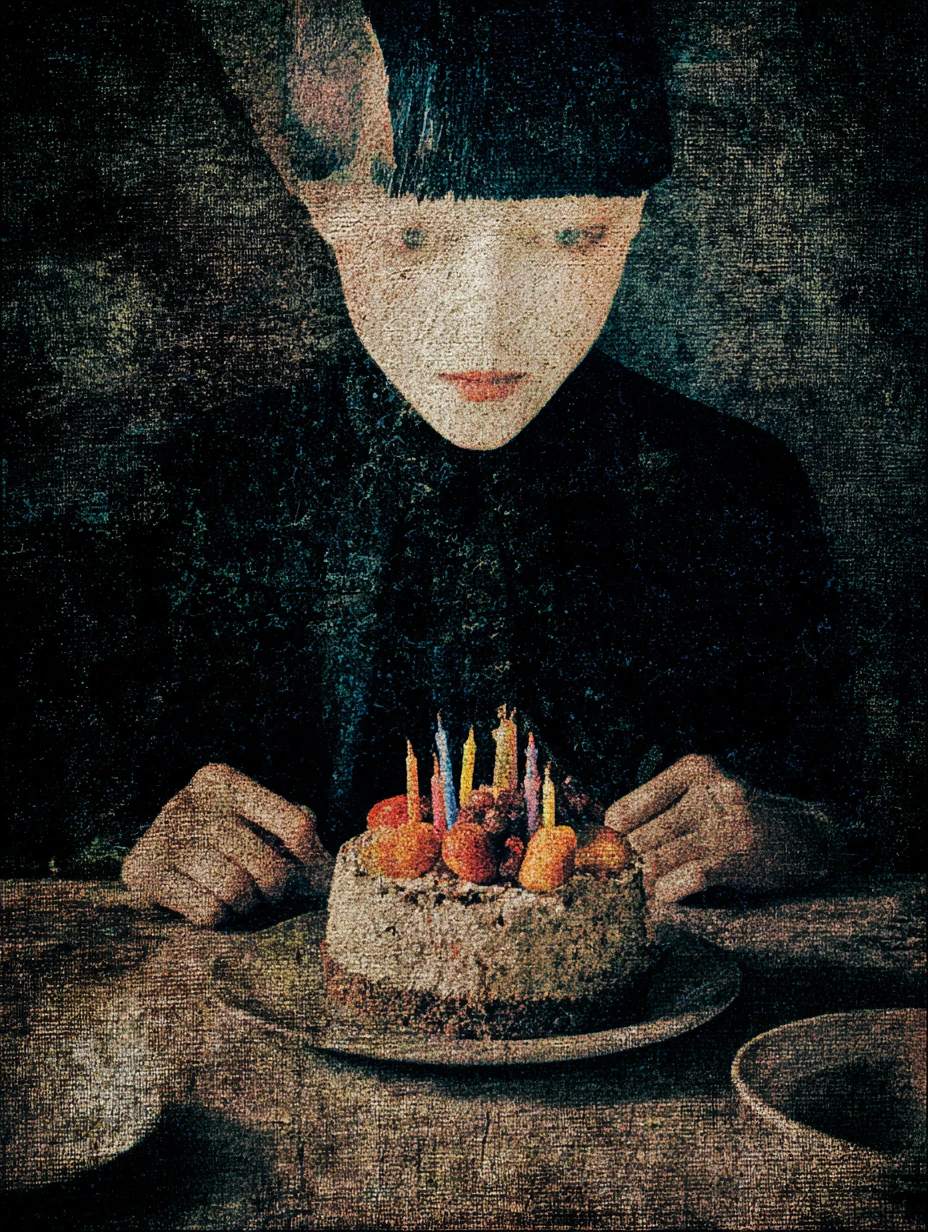 Surreal birthday cake in a moody vintage collage style