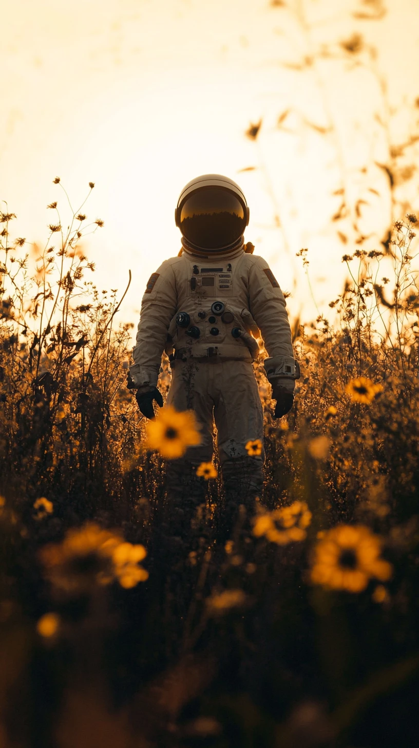 Astronaut Silhouette Standing In A Flower Filled Garden