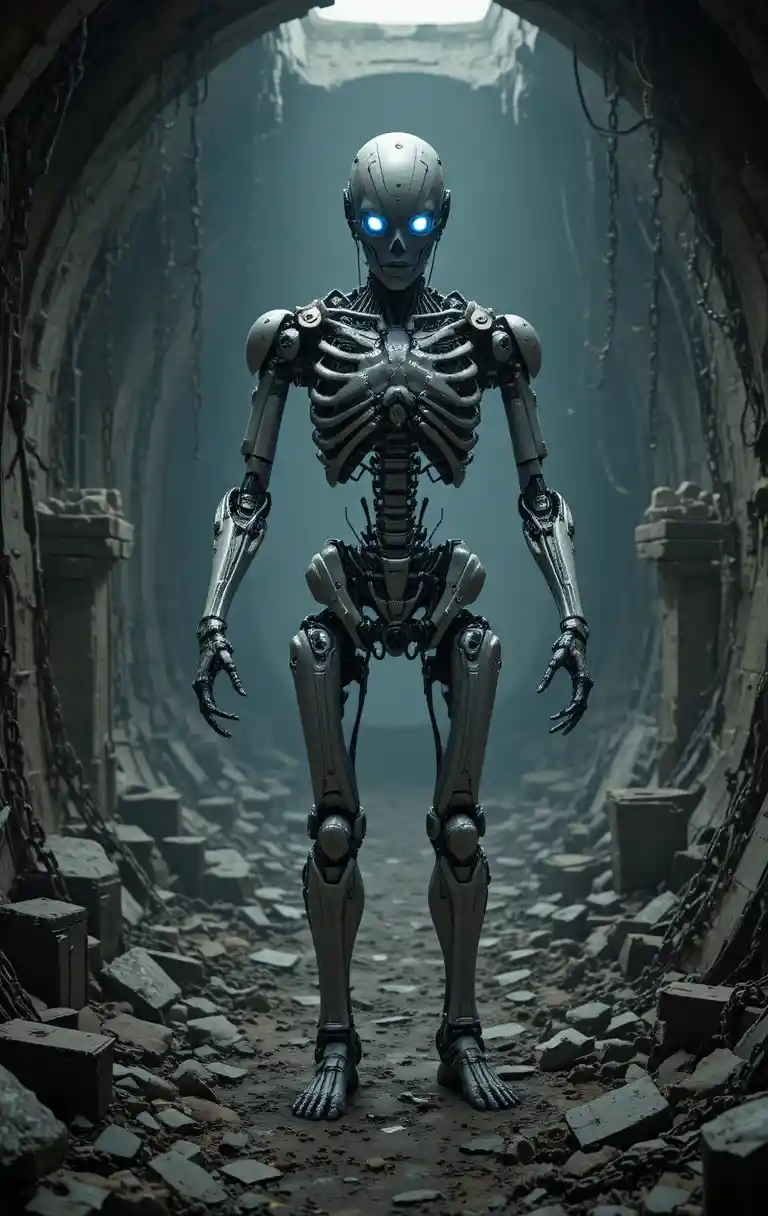 Humanoid Robot In A Crumbling Dystopian Cave Environment