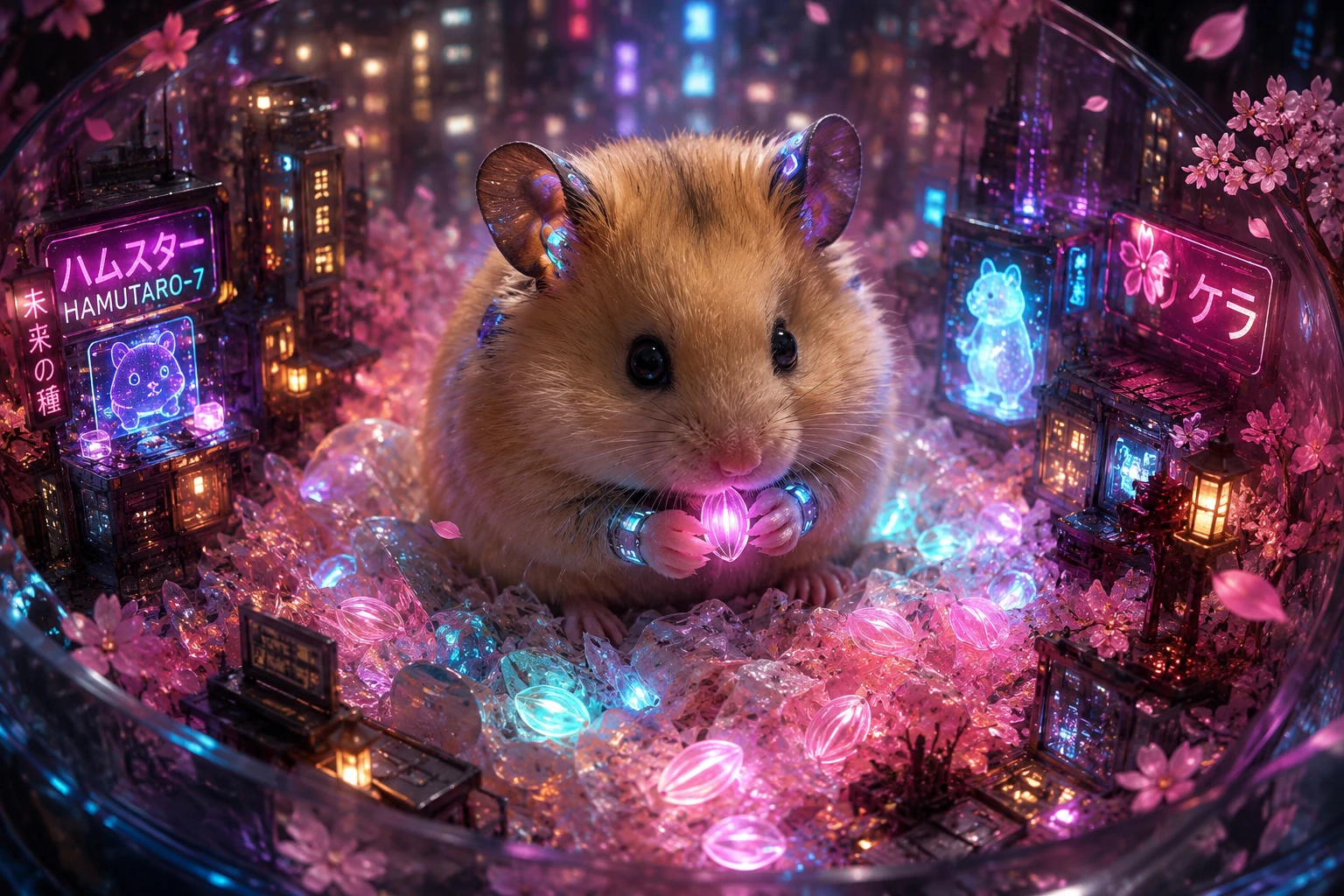 Cute cyberpunk hamster in glowing neon miniature city