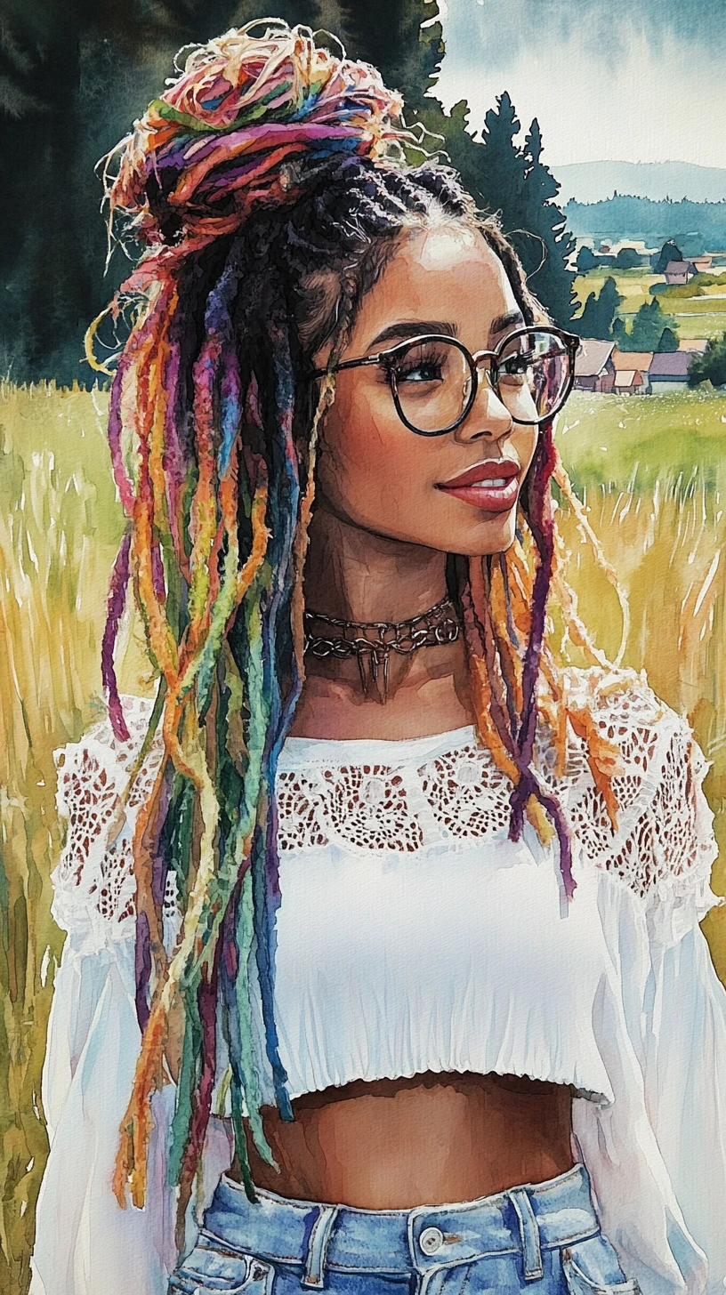 Watercolor close up of a girl in a summer meadow