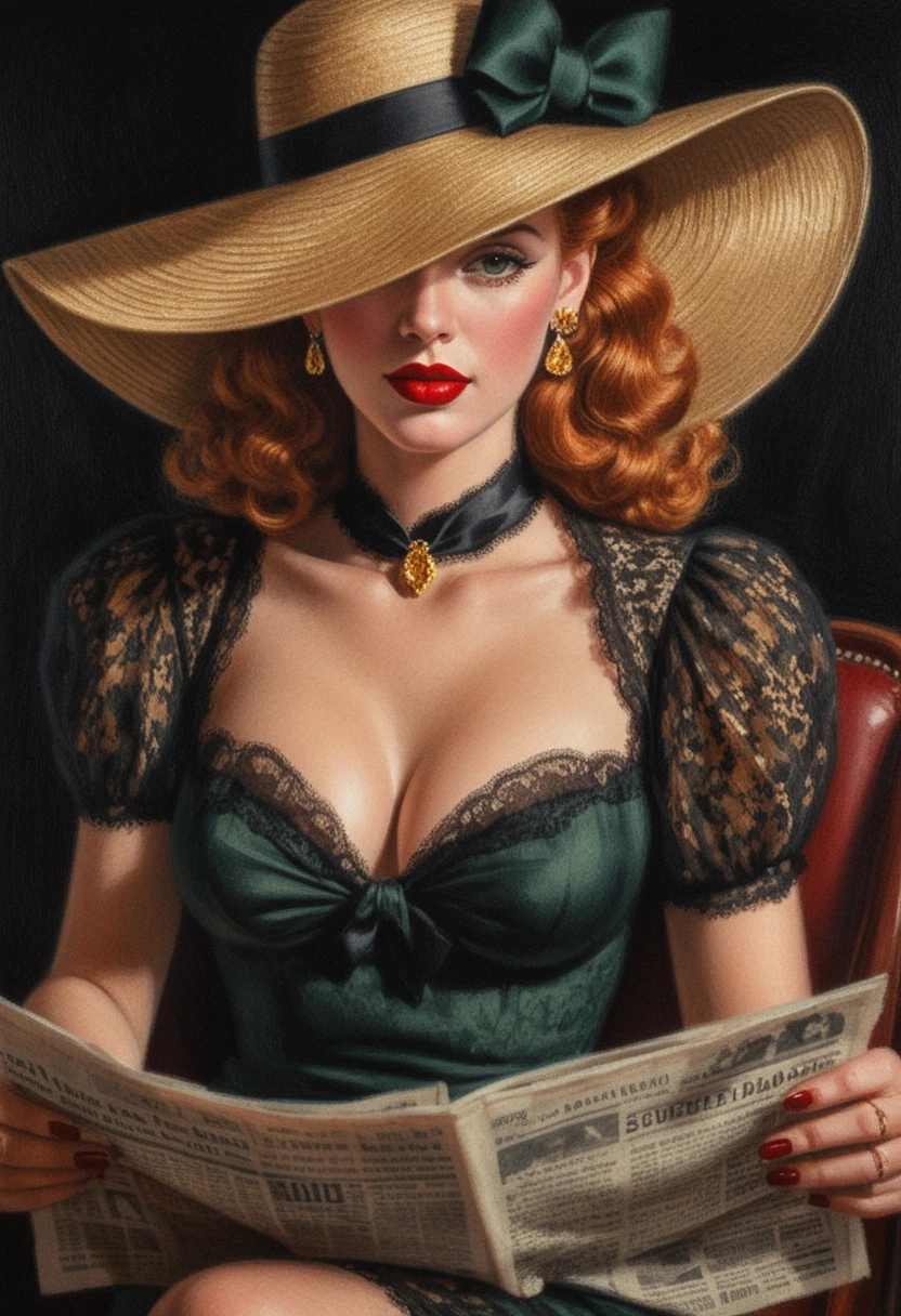 Glamorous vintage woman reading a newspaper in black hat