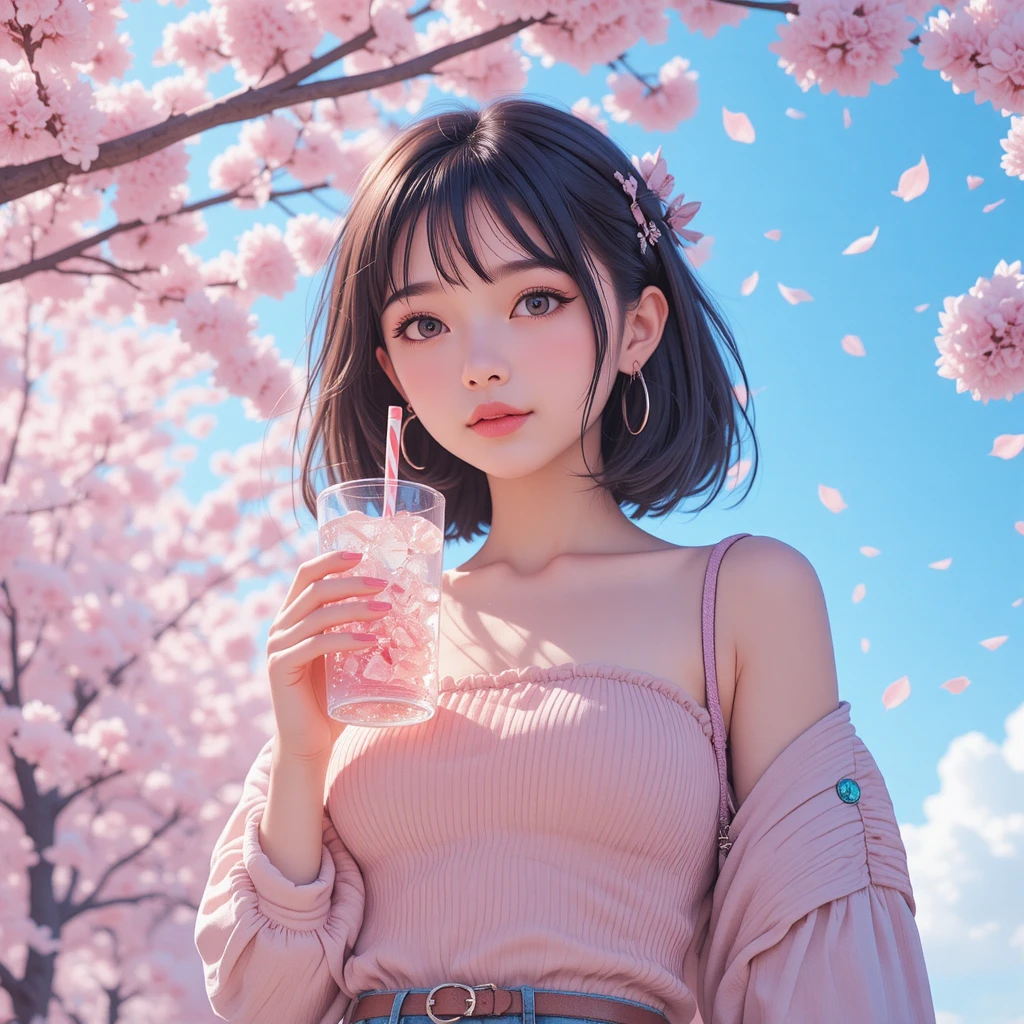 벚꽃 아래 아이스 음료를 든 애니메이션 거리 소녀