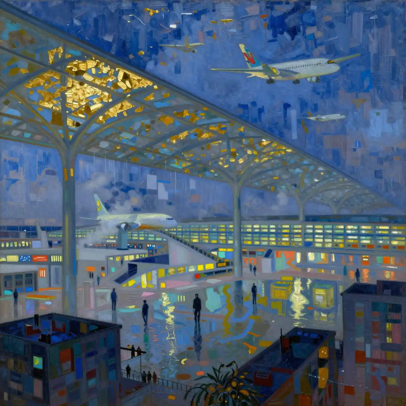Surreale aeroporto fluttuante sopra una metropoli sommersa al crepuscolo