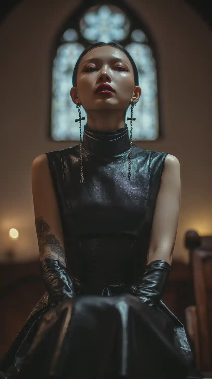 Tattooed woman in black dress seated in church pew