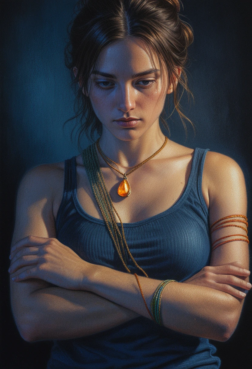Contemplative woman lit by glowing amber pendant light