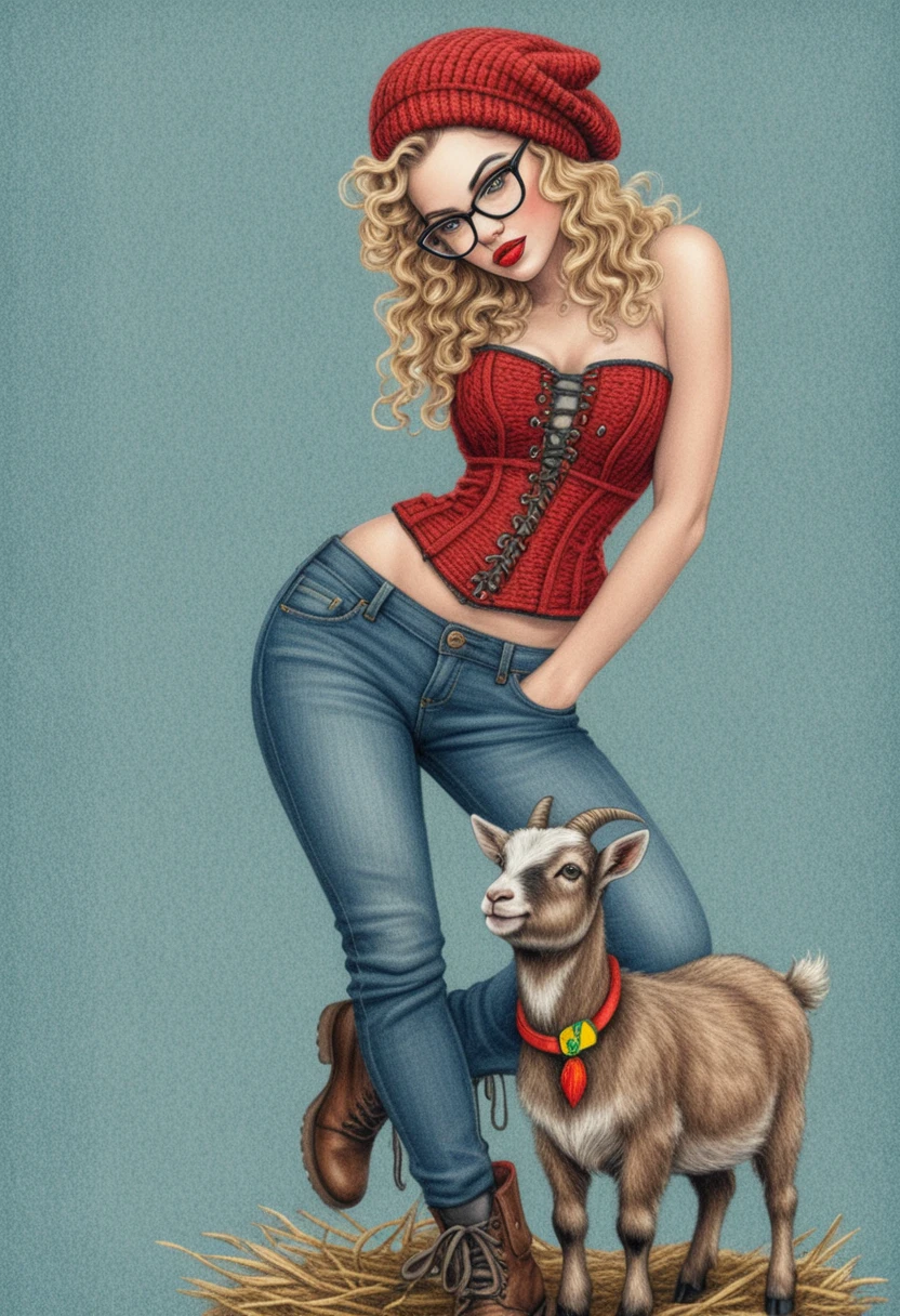 Curvy pin up woman with goat in colored pencil art