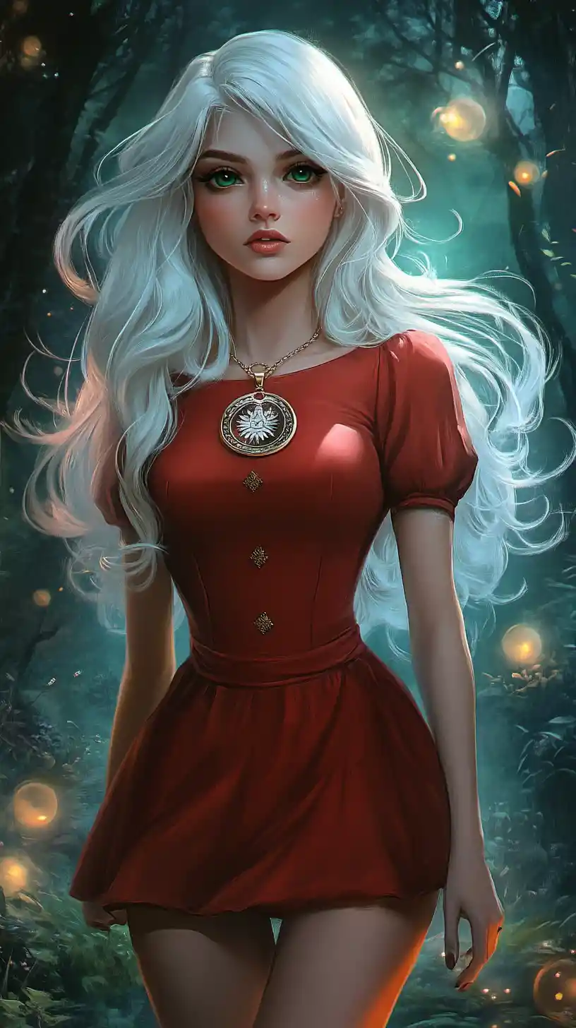 White haired girl in red dress in mystical forest