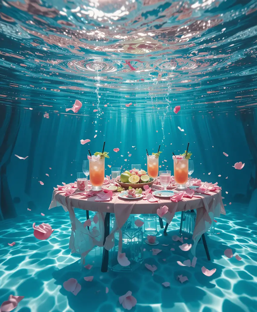 Surreal cherry blossom picnic submerged in a clear pool
