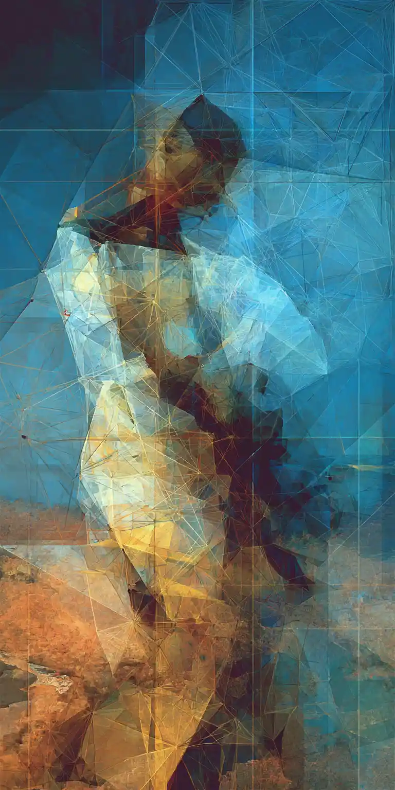 Solitary figure resting in indigo and golden abstract twilight
