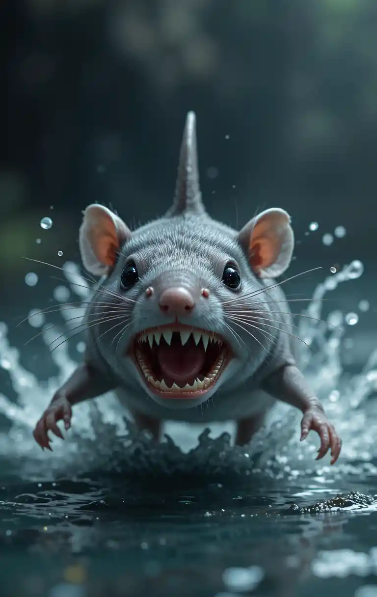 Grey mouse with shark fin swimming menacingly on open water