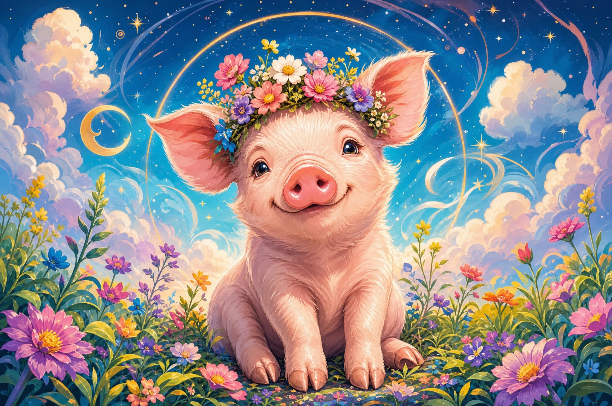 Cute baby piglet illustration with colorful flower crown