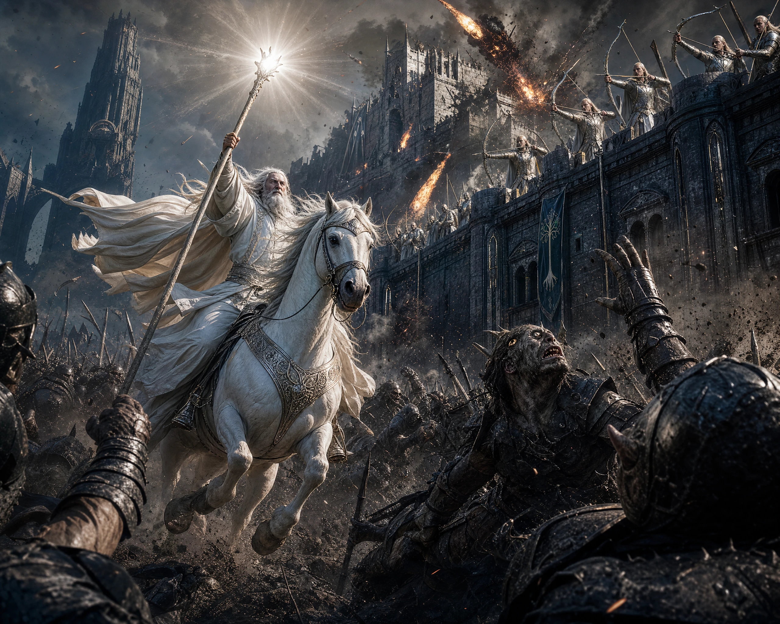 White wizard charging through orc army on galloping horse